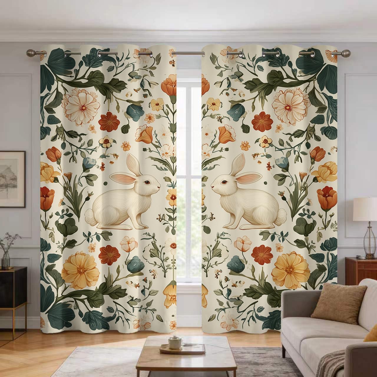 Rideaux motif bohème fleurs lapin rideau occultant champêtre pour décoration salon et chambre