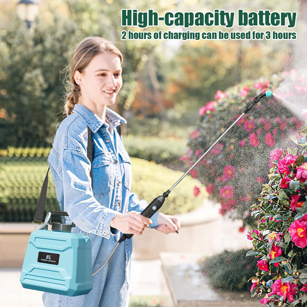 Pulverisateur Electrique, 7.4V Puissant Pulverisateur de Jardin avec 3 Buses Réglables, Autonomie 120 Min, Recharge USB, Lance et Sangle – Arrosage, Désherbage, Herbicide, Insecticide (Vert 8L)