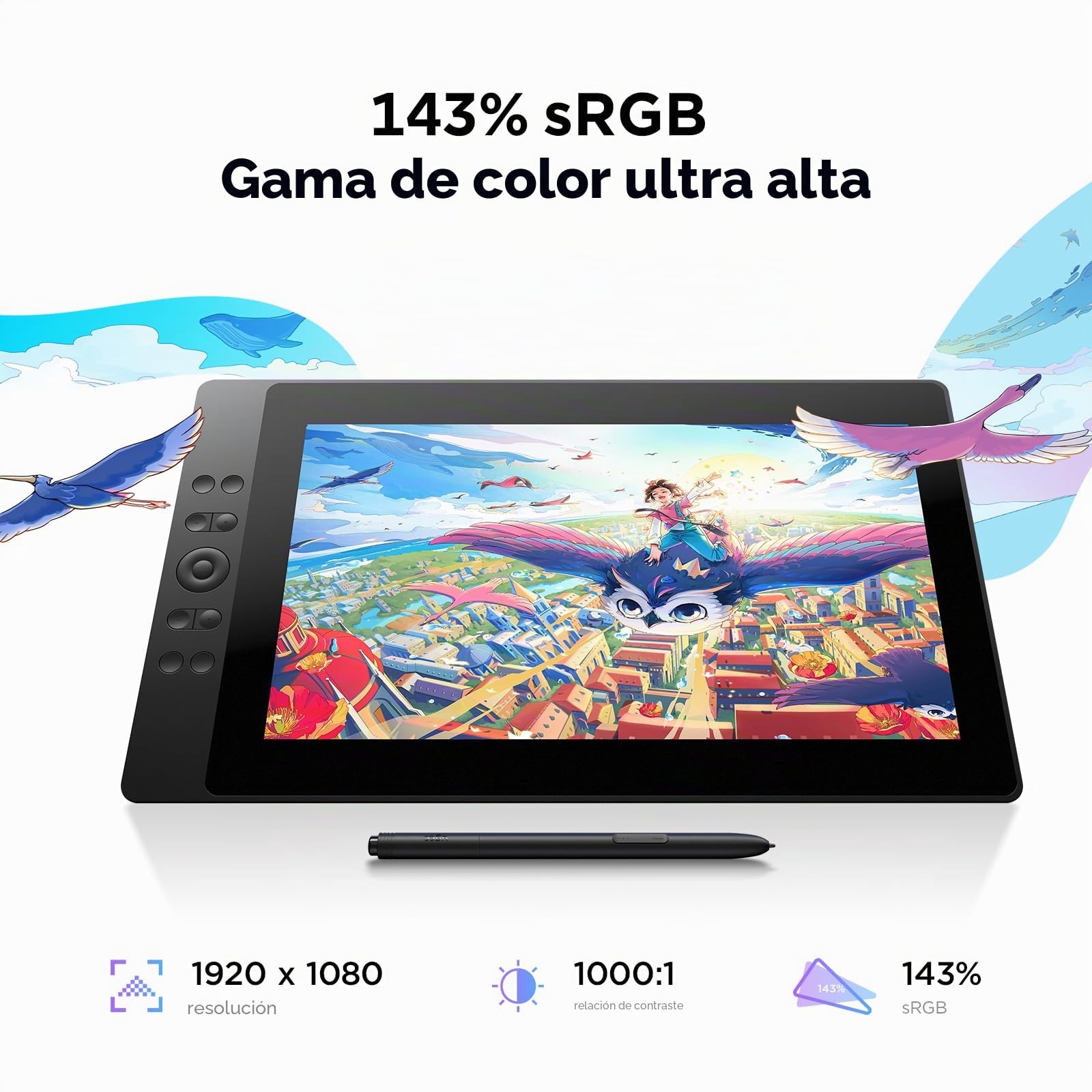 UGEE Tableta de dibujo de 15.4 pulgadas con pantalla, 143% sRGB UE16 tableta gráfica de computadora con pantalla laminada completa 8+1, teclas de acceso rápido de 16 K, lápiz capacitivo sin batería,