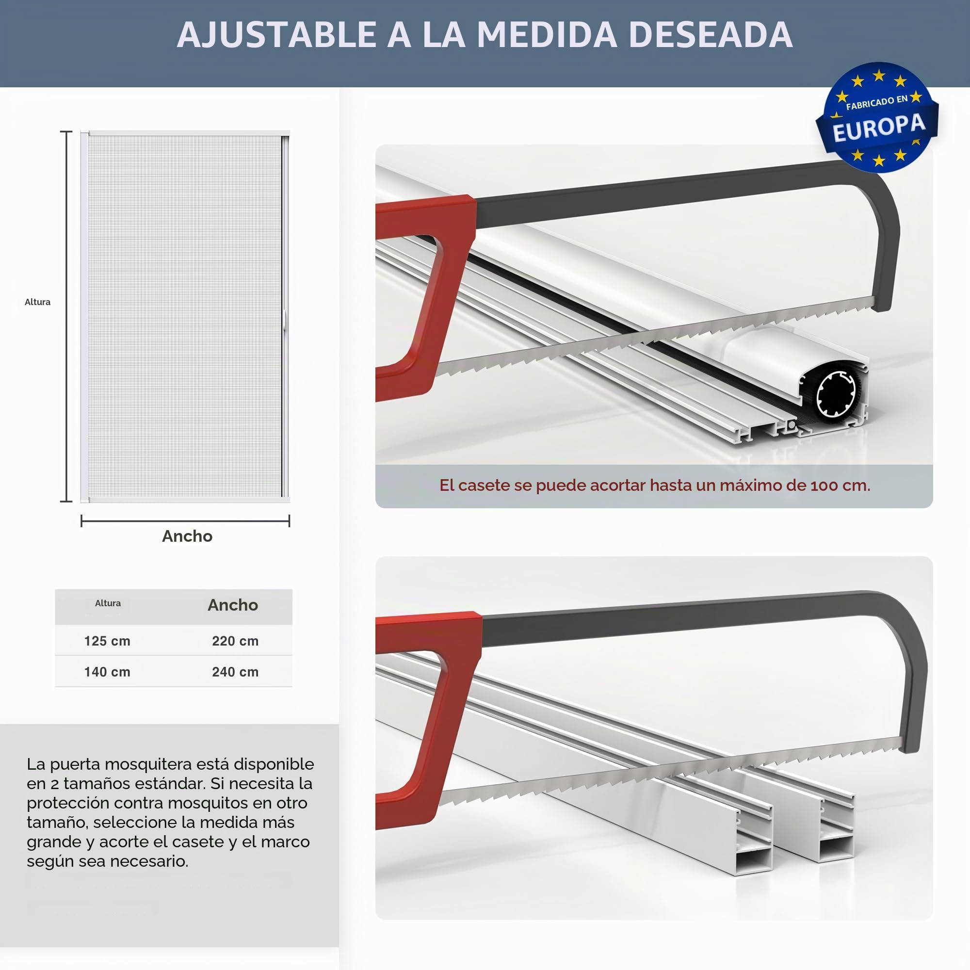 jarolift Zanzara Mosquitera 3 en 1 para puerta, mosquitera para puerta corredera con marco de aluminio, kit de montaje, acortable, 125 x 220 cm (ancho x alto), blanco