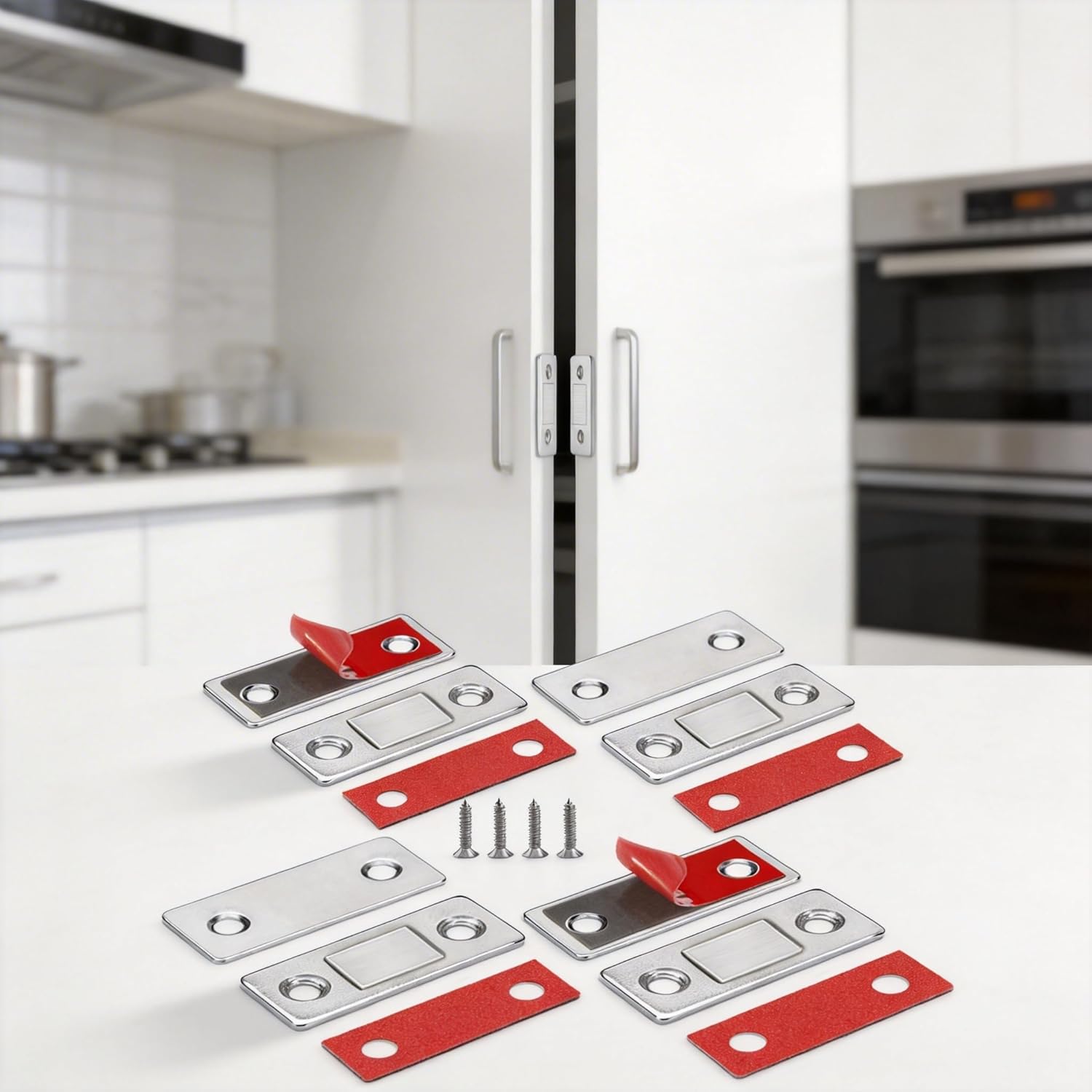 4 Pack Magnetic Catch Ultra Thin 3.65mm Cabinet Door Catch with Adhesive Tape and Screws for Kitchen Drawer Closet Locker