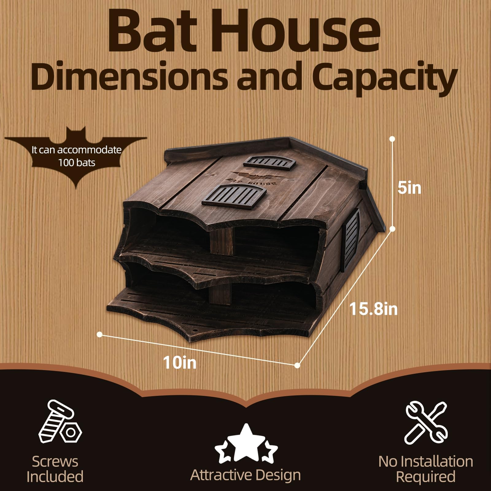 Fledermaushaus für draußen – Große Doppelkammer Fledermausbox mit einzigartigem Design, um Fledermäuse anzulocken, stabiler Holz-Fledermaus-Unterstand für draußen für Baum