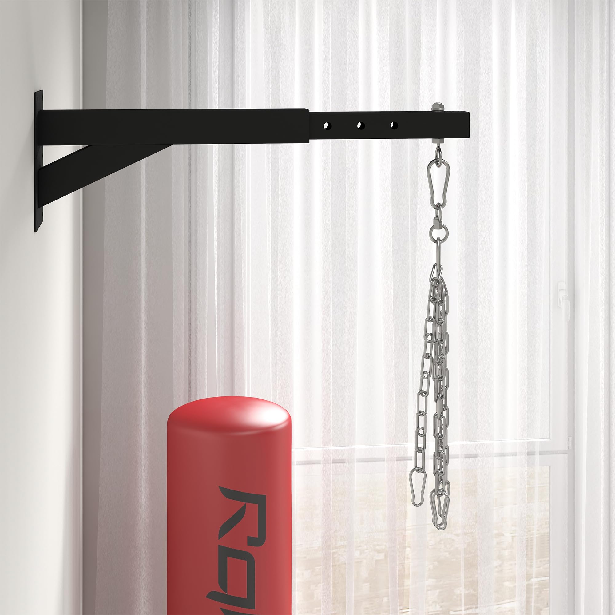 SPORTNOW Soporte Saco Boxeo de Pared, Distancia Ajustable 45-65 cm, Gancho Giratorio 360°, Cadenas, Carga 60 kg, Negro