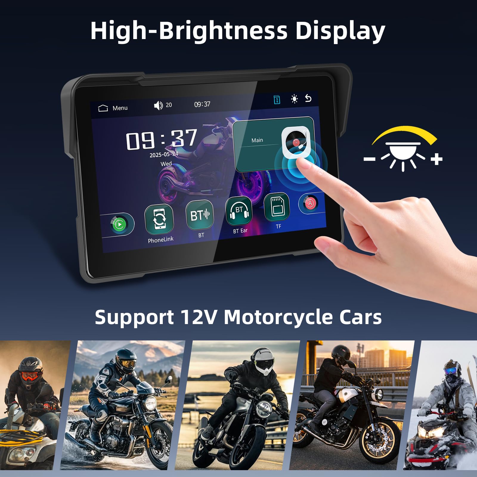 Schermo Carplay Moto Senza Fili 7 Pollici Impermeabile Touchscreen Doppio Bluetooth Navigazione GPS Android Auto +64G Card
