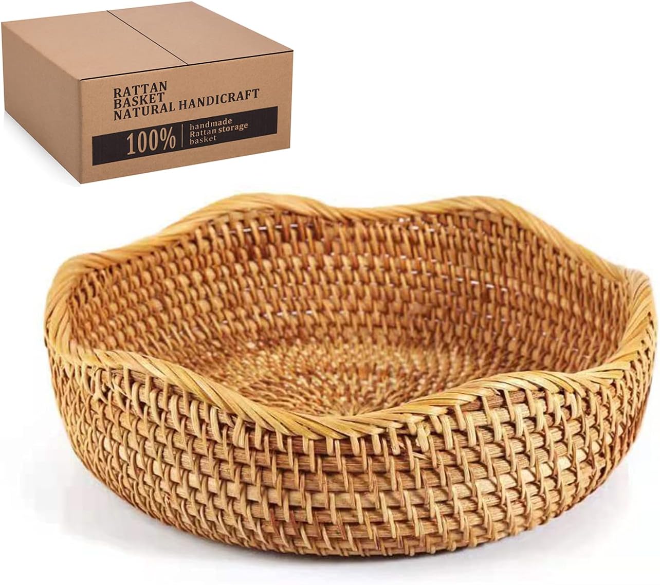 Bread Basket Wicker Fruit Basket Rattan Storage Basket Handmade Basket Decorative Bowl for Serving Potatoes Onions Bread Rattan Decor Basket Stackable Wavy Edge (Honey Brown)