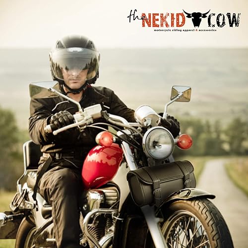 Miniatura 4 de The Nekid Cow bolsa negra de herramientas con correas de cierre, de cuero sintético premium, para motocicleta, con hebillas de desabrochado rápido,