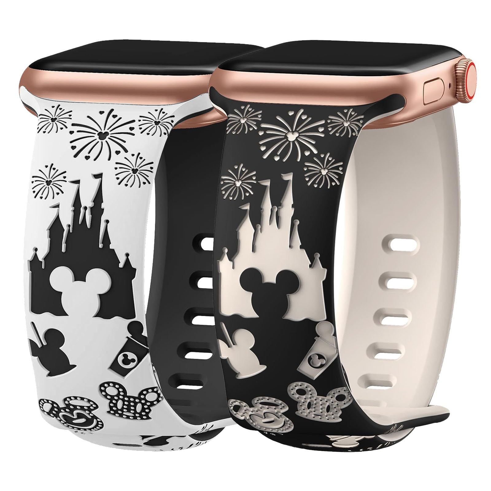 Shesyuki 2 Packs Cartoon Engraved Bands Compatible with Apple Watch Bands 40mm 38mm 44mm 45mm 41mm 42mm 49mm Women, Two-Tone Cute Soft Silicone Sport Strap for iWatch Series 9/8/SE/7/6/5/4/3/2/1