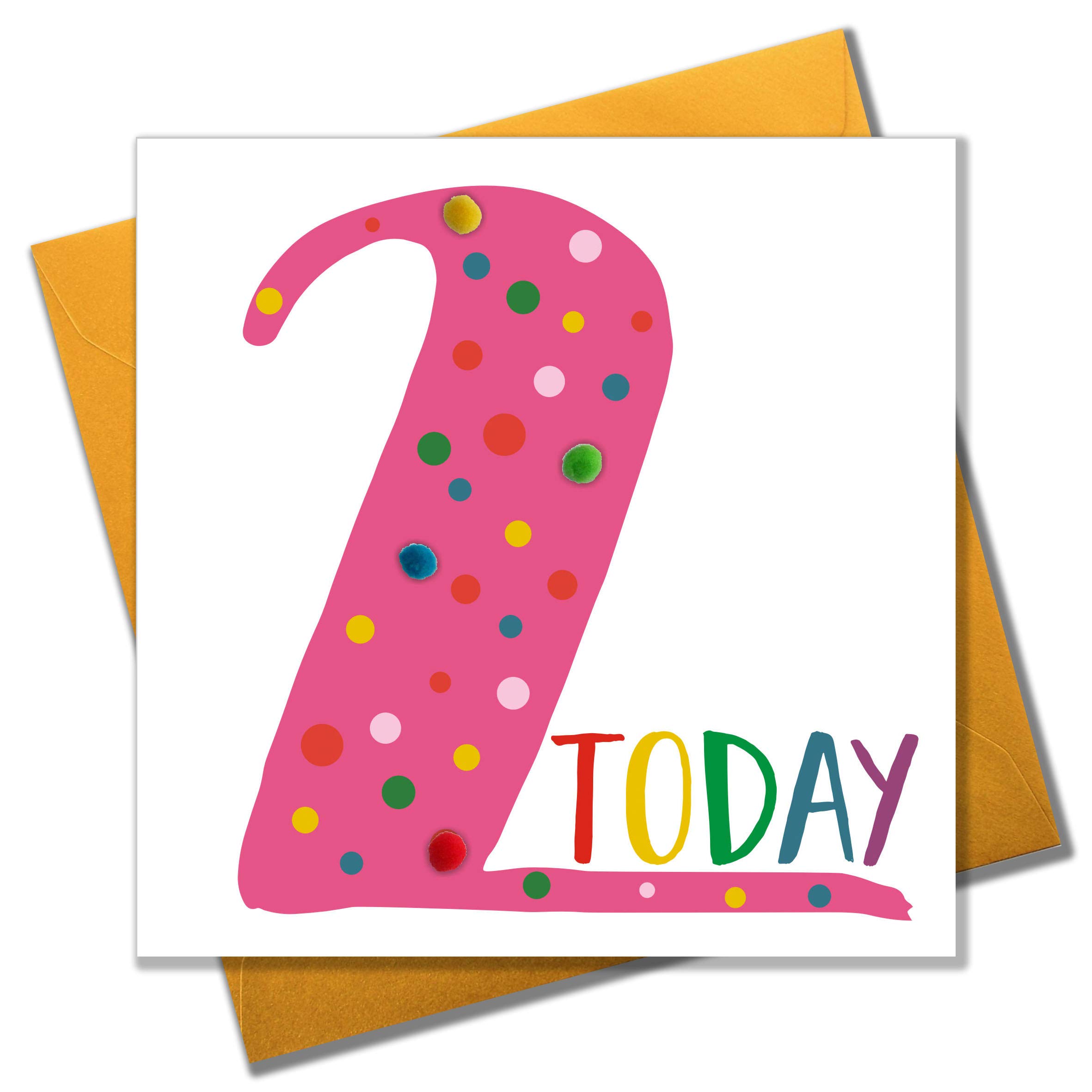 Claire Giles Greeting Cards, Happy 2nd Birthday Card, Age 2 Pink Girl Birthday Greeting Card Embellished with colourful Pompoms