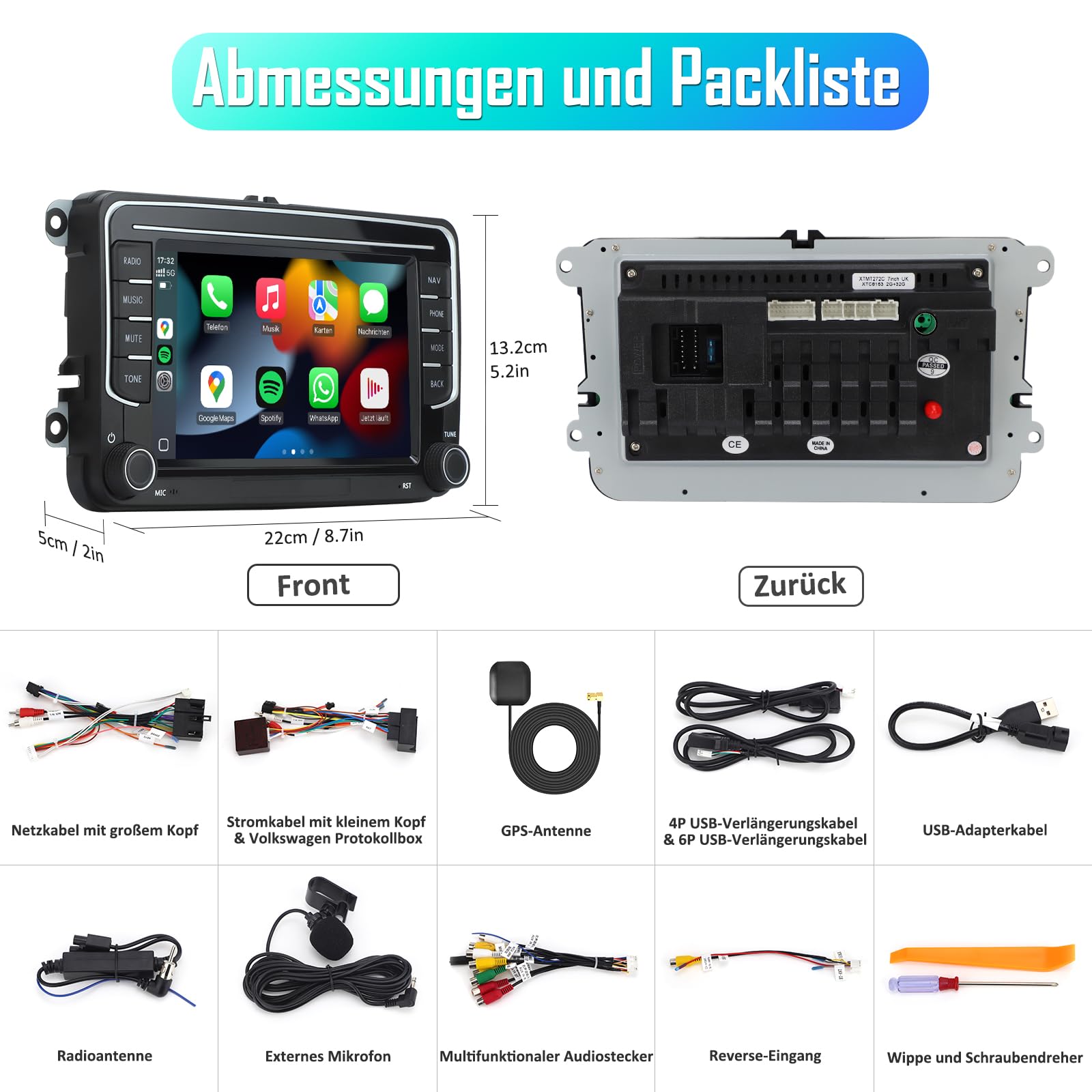 2 DIN Autoradio für VW Golf 5 6 Passat Seat Touran Skoda, Wireless CarPlay & Android Auto, GPS Navi, DAB+, Lenkradsteuerung, Physischer Lautstärkeregler, EQ, MirrorLink