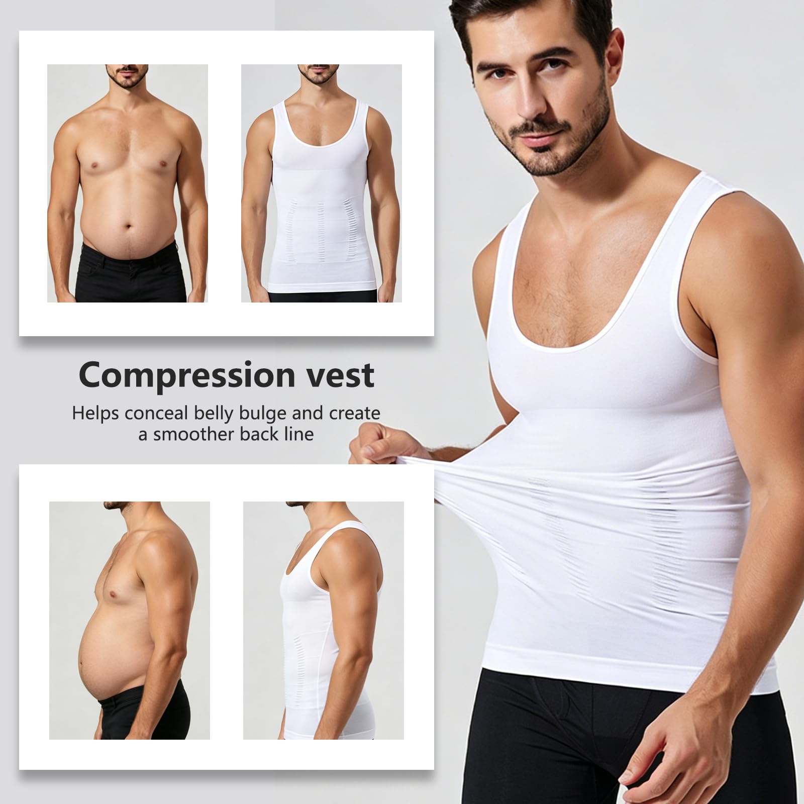 Lot de 3 débardeurs de compression amincissants pour homme - Contrôle du ventre - Sans couture - Respirant - Pour le sport quotidien