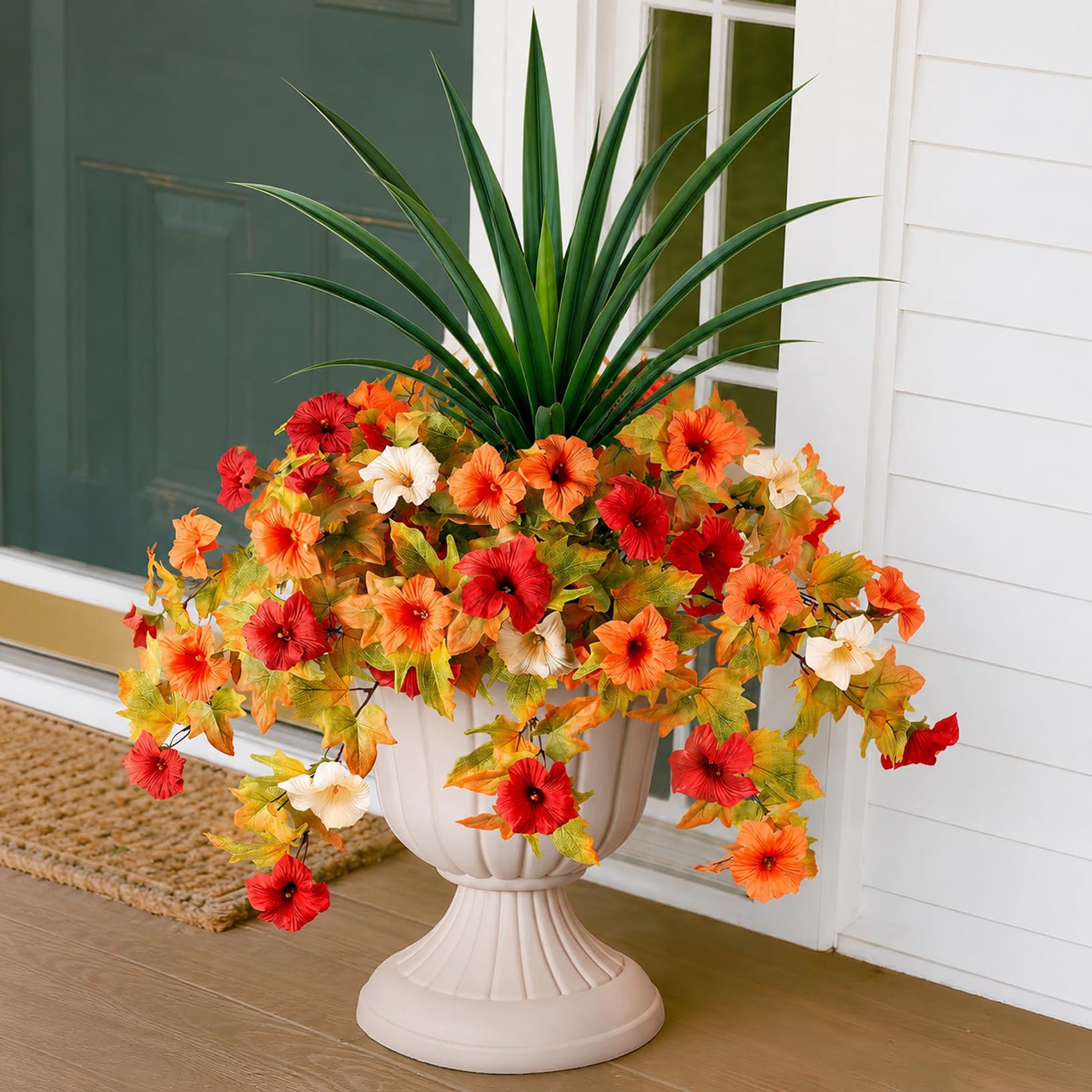 ATAVSADN Artificial Flowers for Outdoor, 2 Bundles Silk Morning Glory with 2 Orchid Leaves, UV Resistant Fake Plants for Outdoor Indoor Planters, Porch, Patio, Garden Decor Orange White,One Size