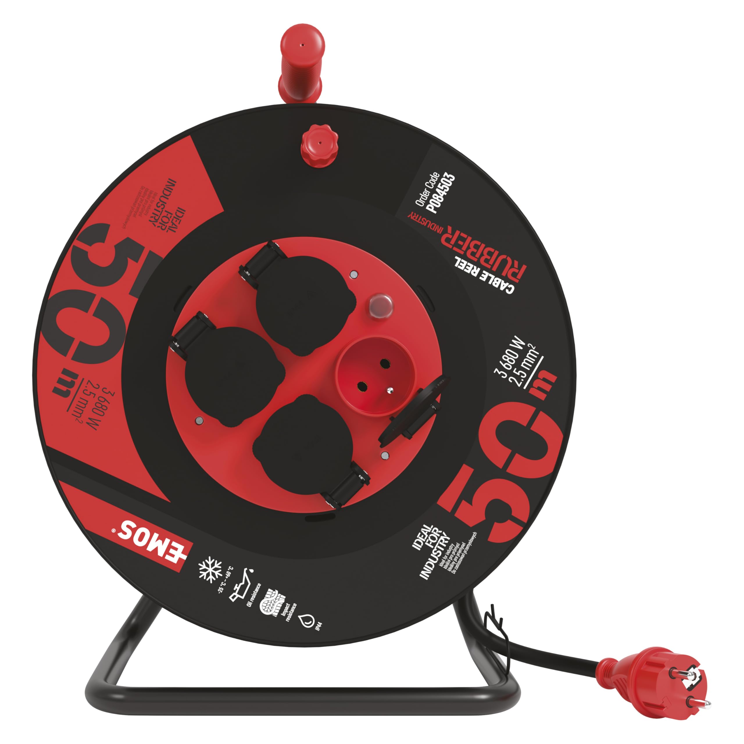 EMOS - Kabeltrommel 50m mit verstärktem Kabel - 4 French-Steckdosen - wasserdicht, schlagfest, hitze- & kältebeständig - 230V, 16A, 3680W - Gummi-Isolierung - H07RN-F3G 2,5 mm2 - IP44 für Außen