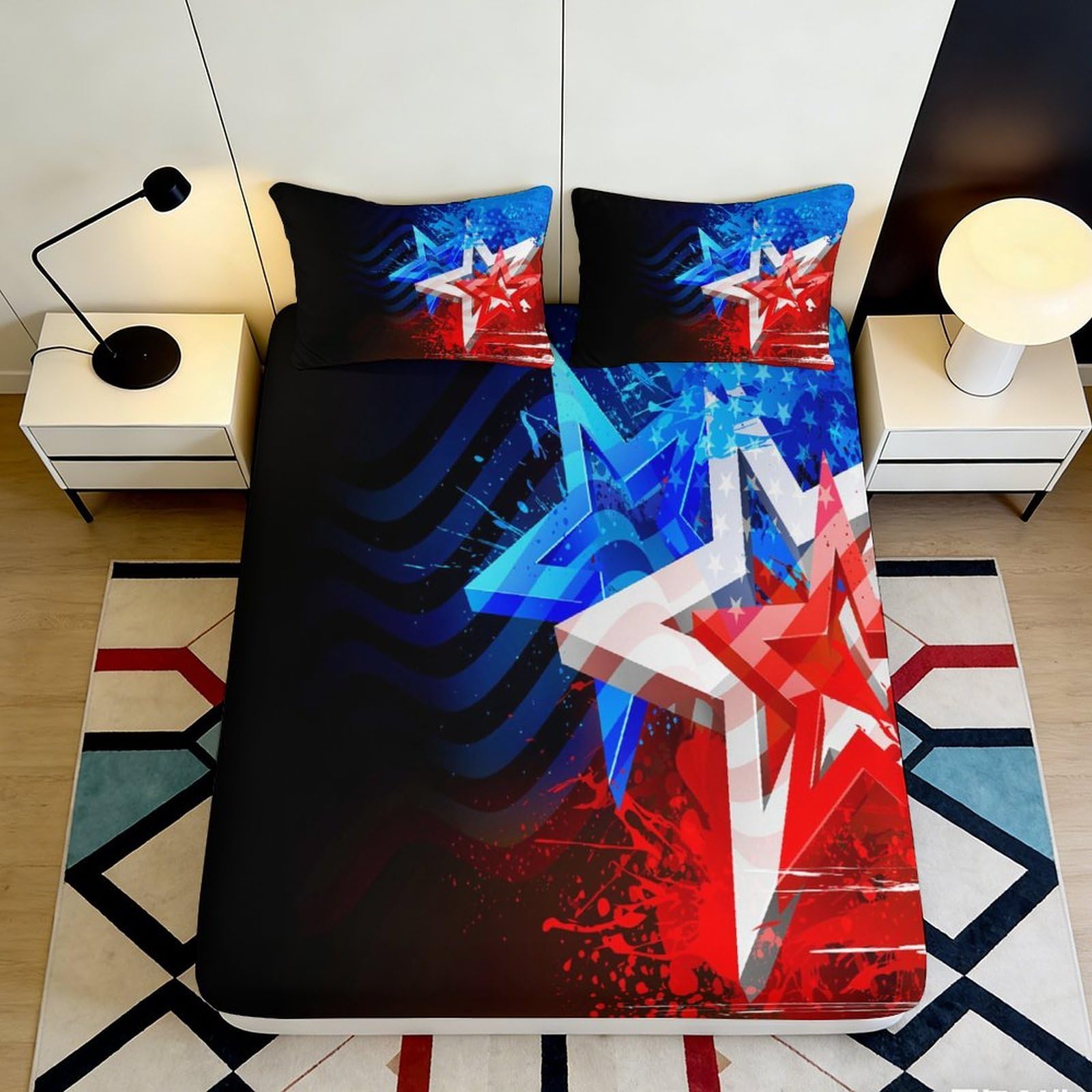 3D Printed Red Blue Star Fitted Sheet Microfiber Soft Geometric Artistic Bed Cover for Bedroom Dorm Décor 90x200x25cm
