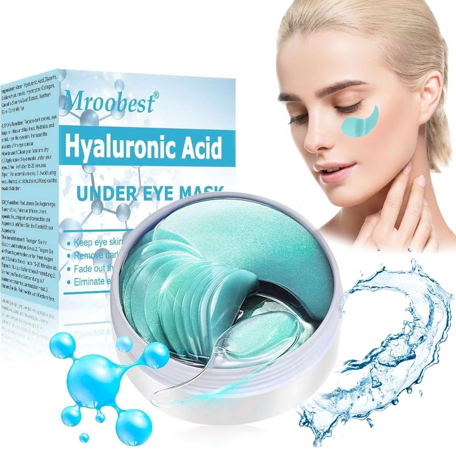 Mascara Para Los Ojos, Eye Patches, Ojos Parches, Parches Ojos Bolsas y Ojeras, Cuidado de ojos antiarrugas-aloe e hialurón, almohadillas antienvejecimiento para humectar, 60 pares