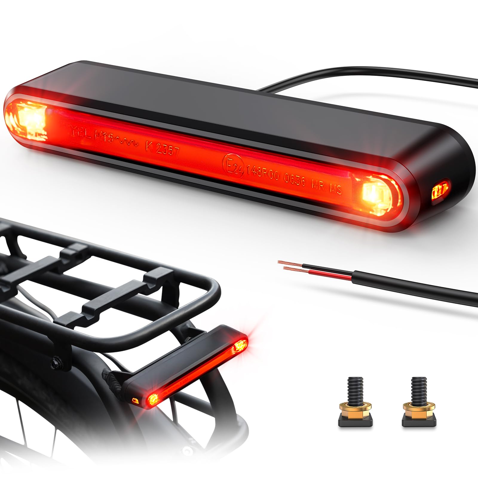 Ebike Feu arrière LED 6-12 V avec feu de freinage, homologué StVZO pour vélo électrique, étanche IPX5, avec câble, sûr et fiable