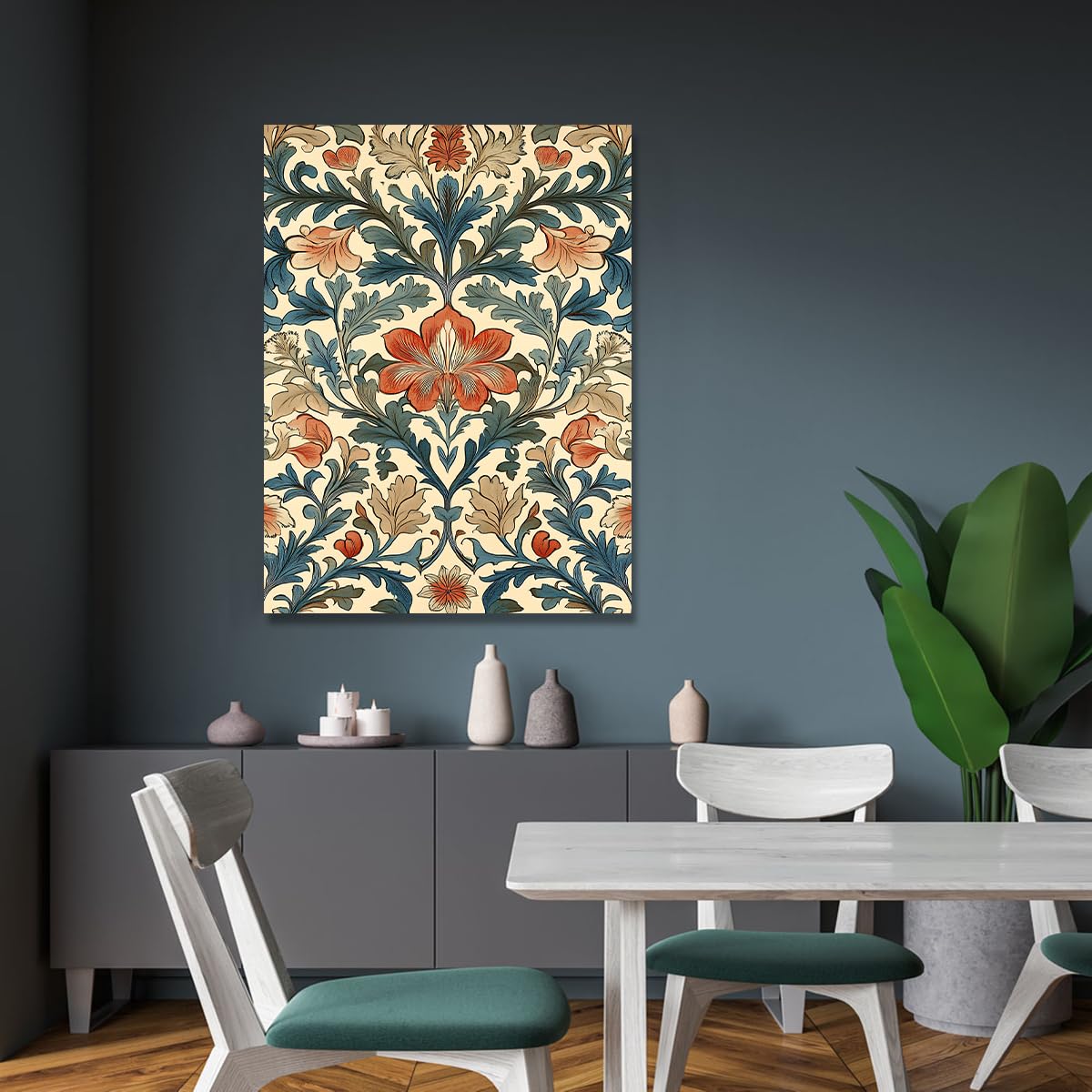 TOANGWALL Pomarańczowy obraz na płótnie rdza symetryczny adamaszek ornament plakat turkusowy niebieski krzak kwiat barokowy mural do dekoracji mieszkania 30 x 45 cm