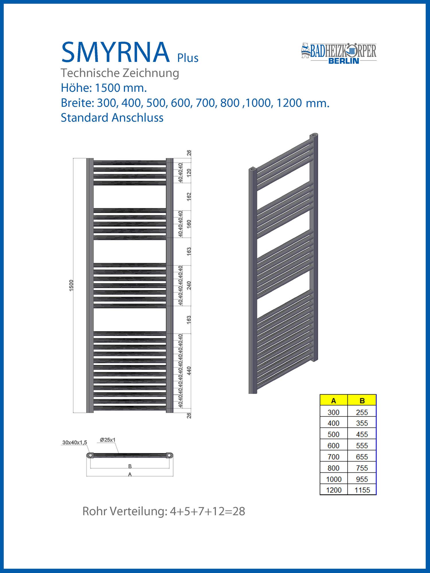 Grzejnik łazienkowy SMYRNA biały 400 x 1500 mm. Zakrzywione przyłącze standardowe z 2 sztukami wieszaków na ręczniki