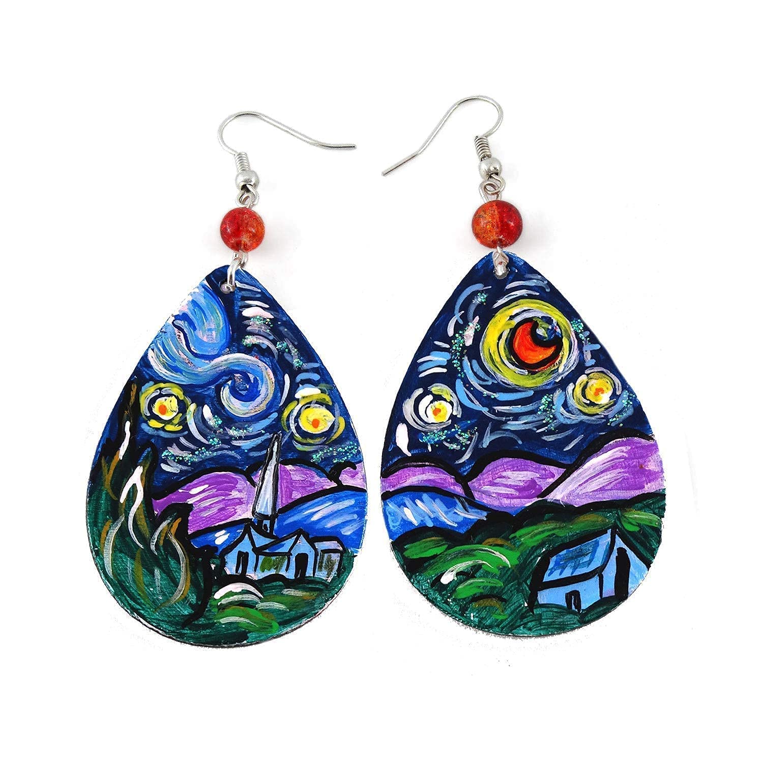 Boucles d'oreilles peintes à la main - LA NUIT ÉTOILÉE TABLEAU CÉLÈBRE - Boucles d'oreilles pendantes pour femme, Bijoux en bois, Crochet en argent, Fabriqué en Italie, Bijoux pour femmes décorés