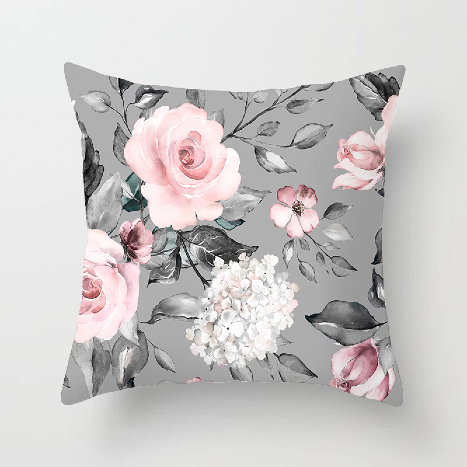 Wazylphin Cushion Covers Grey Pink Flower Pillow Cases Cotton and Linen Cushions with Covers Included Zipper Sofa Cushions Soft Pillowcase Living Room Pillow Cover Bedroom 60x60 Cushion Cover 1 Pack