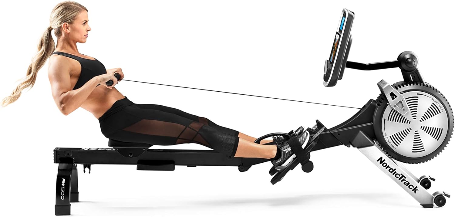 NordicTrack RW500 Rower folded vertically for compact storage
