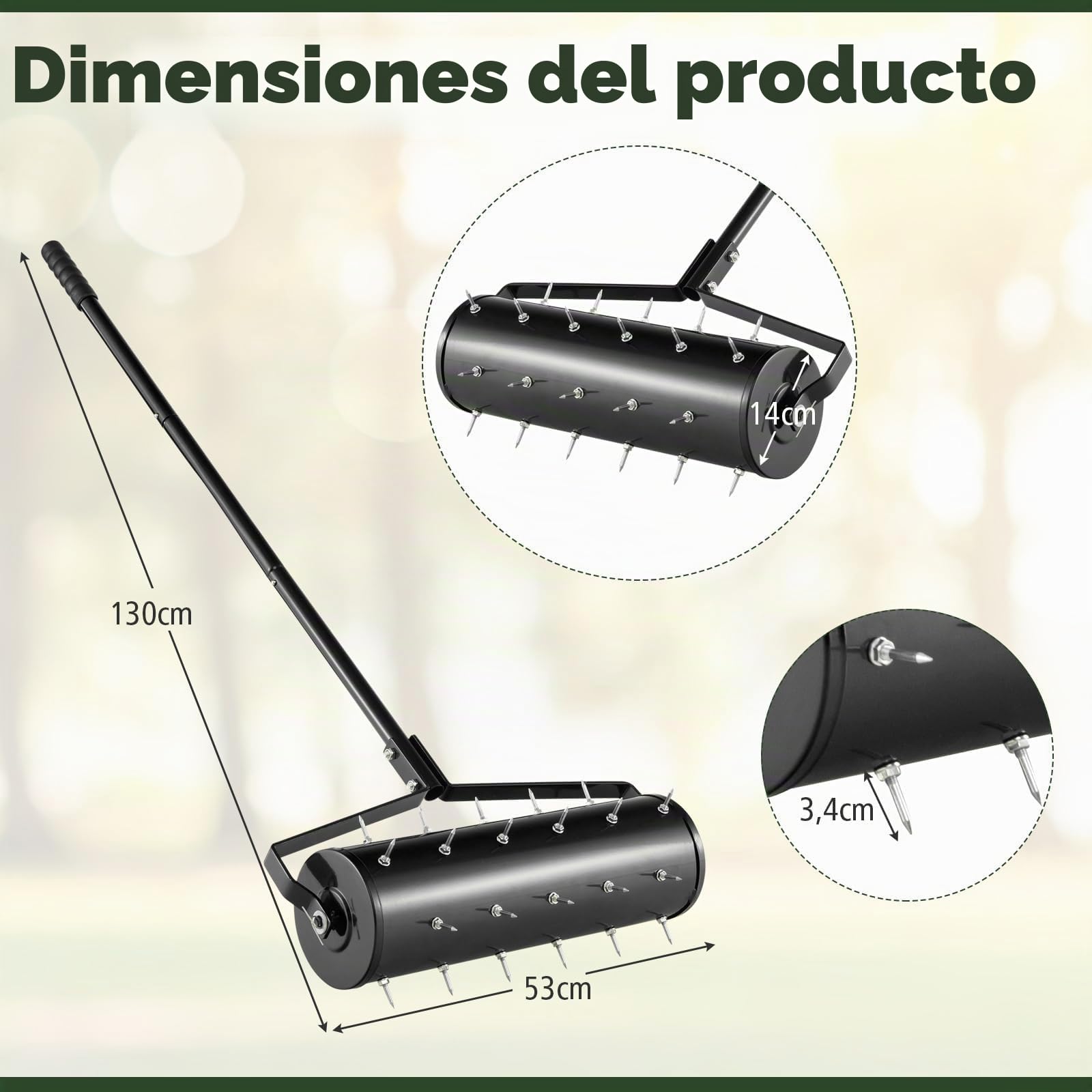FANTASK Aireador de césped Manual de 53 x 130 cm, Rodillo de césped con Mango y Clavos, rociador de Mano, Rodillo de jardín, Color Negro