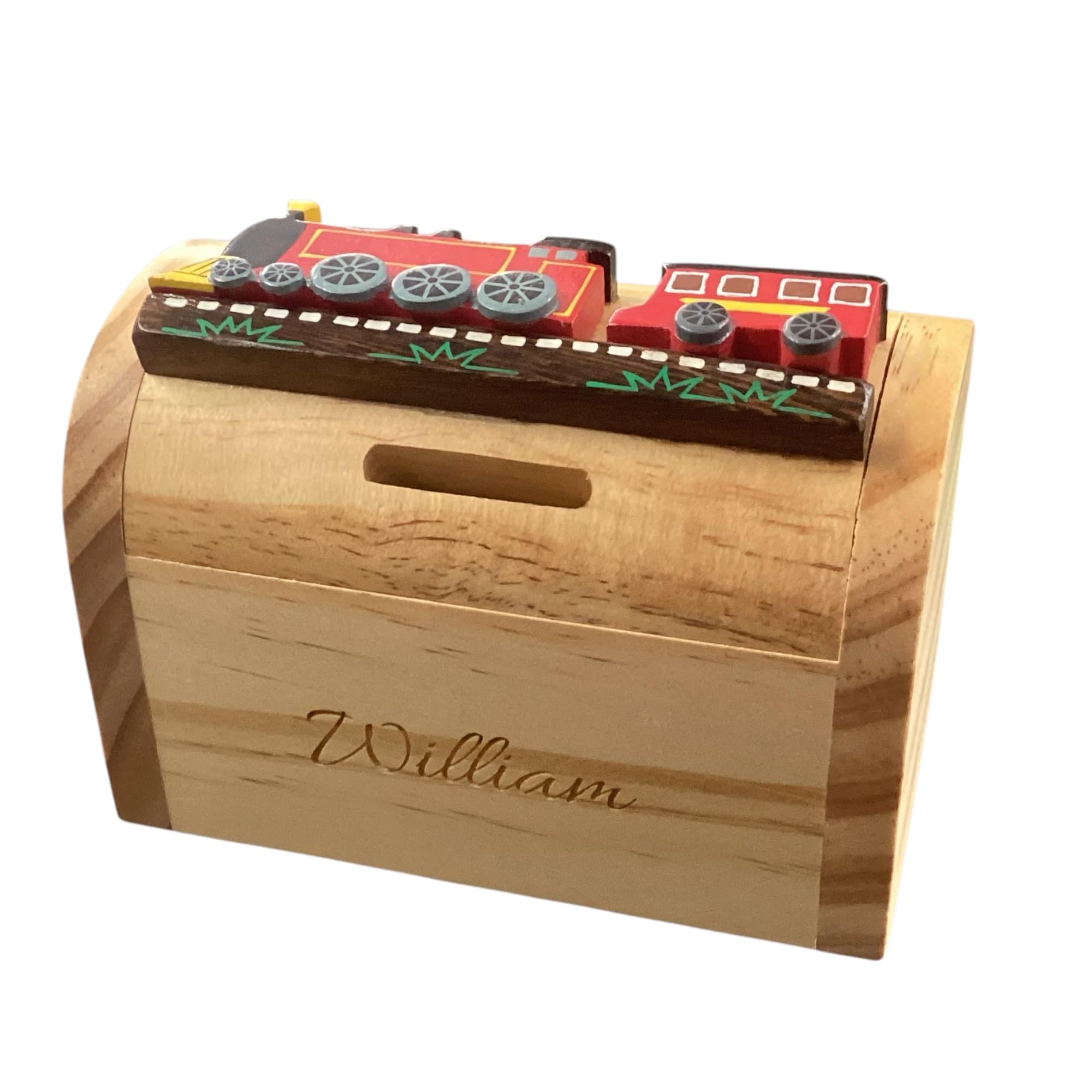 Personalised Custom Engraved Red Train Wooden Money Box - Engraved With Any Name/Message