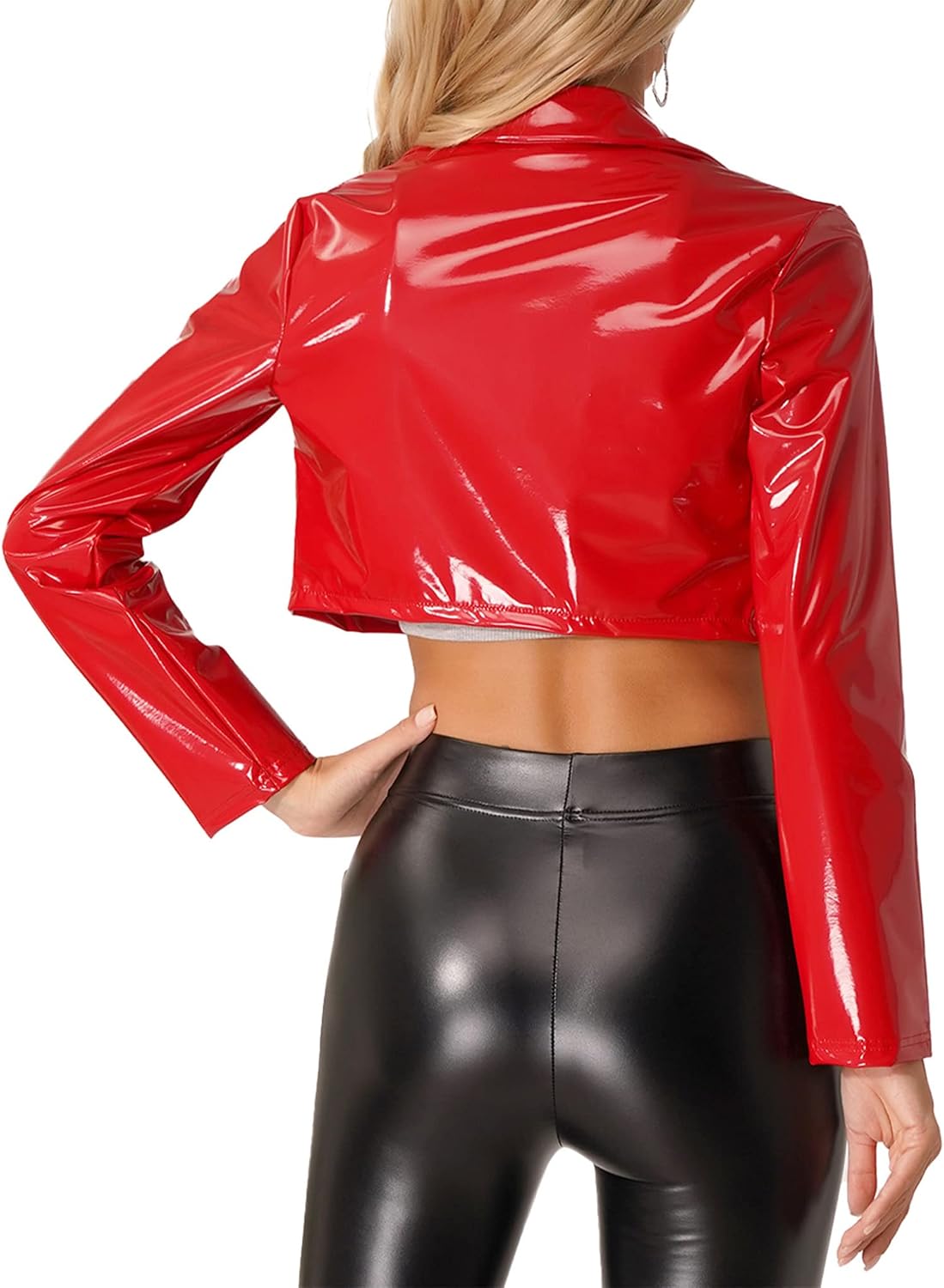 Women's Open Front Faux Leather Cropped Moto Jacket Long Sleeve Short Outerwear Coat