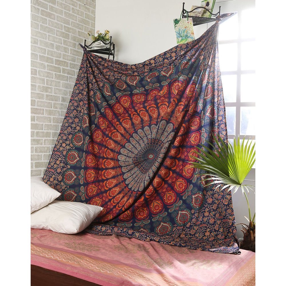 Raj Handicrafts Abstract Blue Twin Mandala Wall Hanging Indian Cotton Bedspread Picnic Beach Throw Blanket Wall Art Hippie Tapestry Bed Cover (Blue, Twin) 2