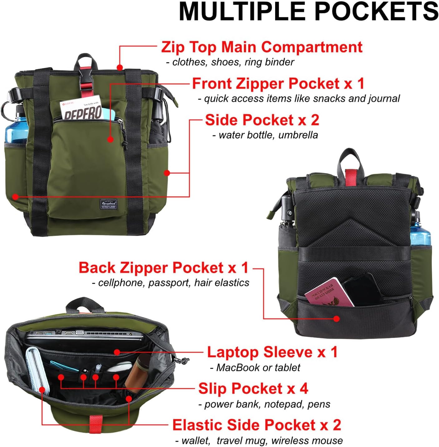 Unisex Laptop Tote Backpack Convertible Lightweight Nylon Water-Resistant Everyday Shoulder Tote bag Backpack with Water Bottle Pocket Work Travel, Army Green - Image 4