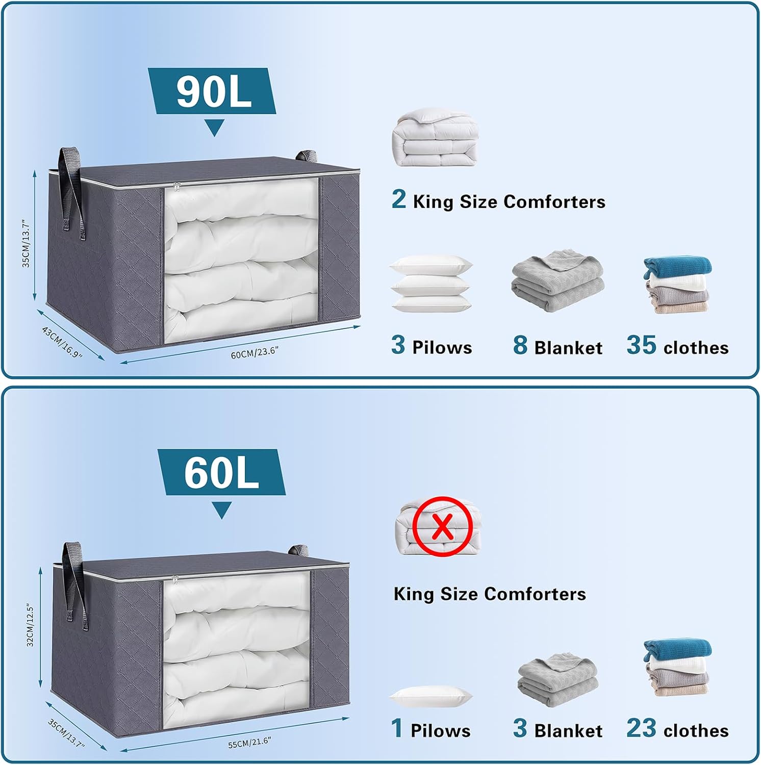 6 Pack 60L/90L Extra Large Moving Bags Comforter and Blanket Storage Bins With Lids Foldable Storage Bags For Clothing, Blanket, Comforters, Bed Sheets, Pillows - Image 3