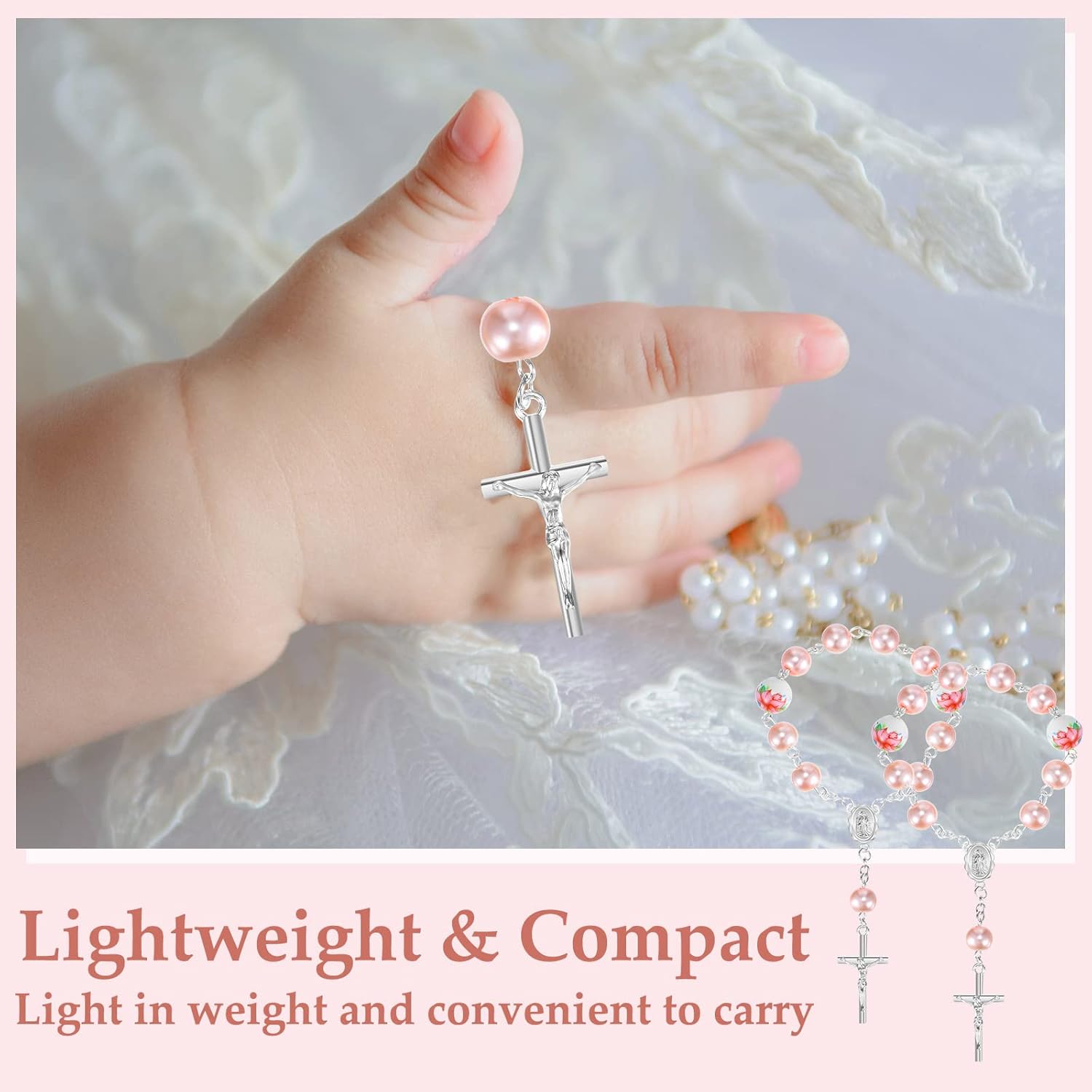 Yinkin 100 Pcs Baptism Favors Set Includes Mini Rosary, Baptism Favor Boxes, White Organza Bags and Kraft Thank You Tags 25 Sets Each for Christening Communion Baby Shower Party Decorations(Pink)