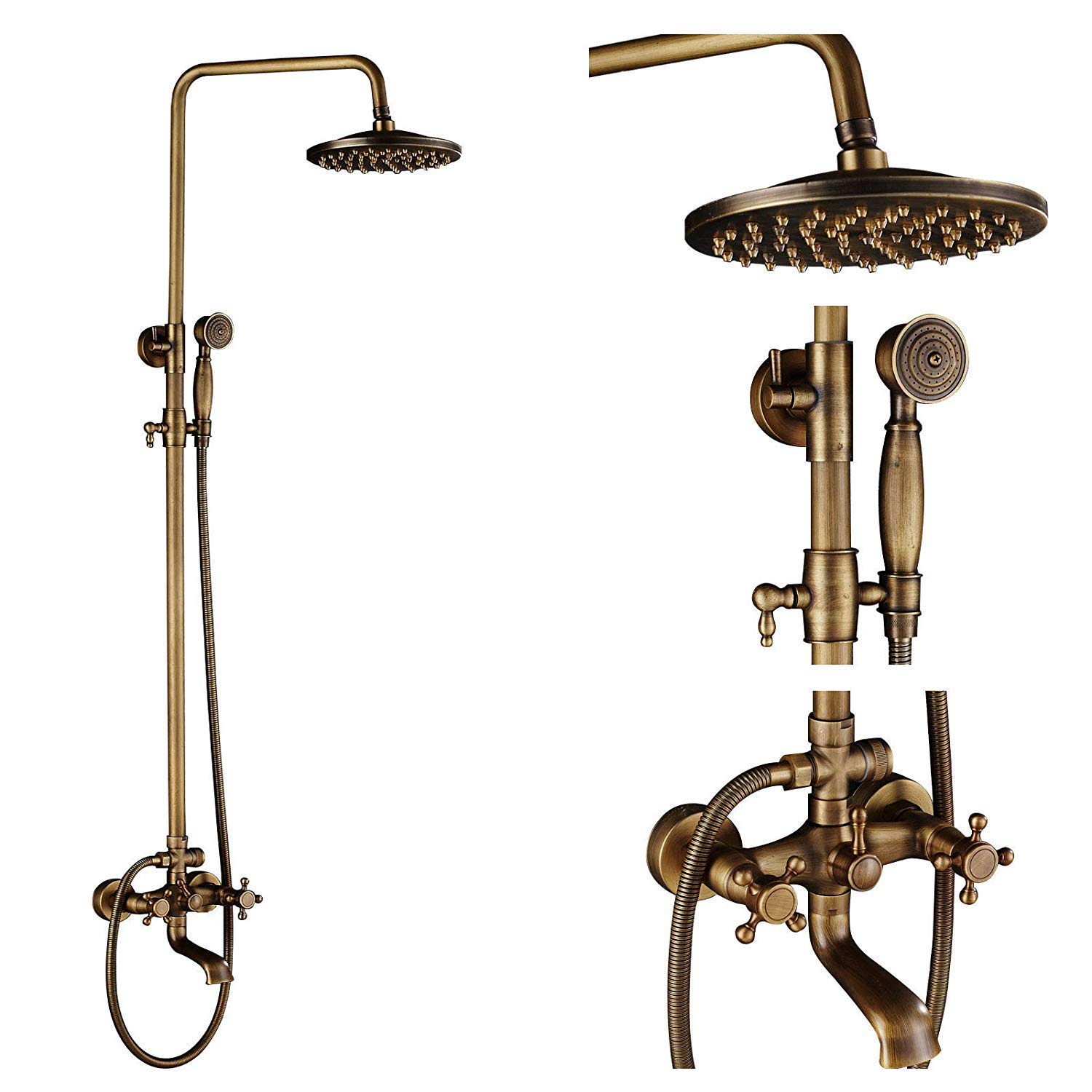 CWCQGH Shower System, Wall Mounted Antique Brass Bathroom Rainfall Shower Bath Faucet Set 8-Inch Top Shower Head + Handheld Spray, Luxury Shower Set