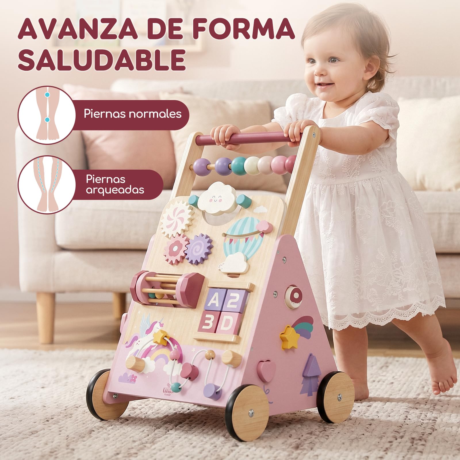 Lehoo Castle Andador Bebes de Madera, Caminador Bebé Unicornio | Freno Ajustable, Unicornio Rosa, Centro de Actividades 10 en 1, Juego Educativo Montessori, Regalo Bebé Niña 1 Año