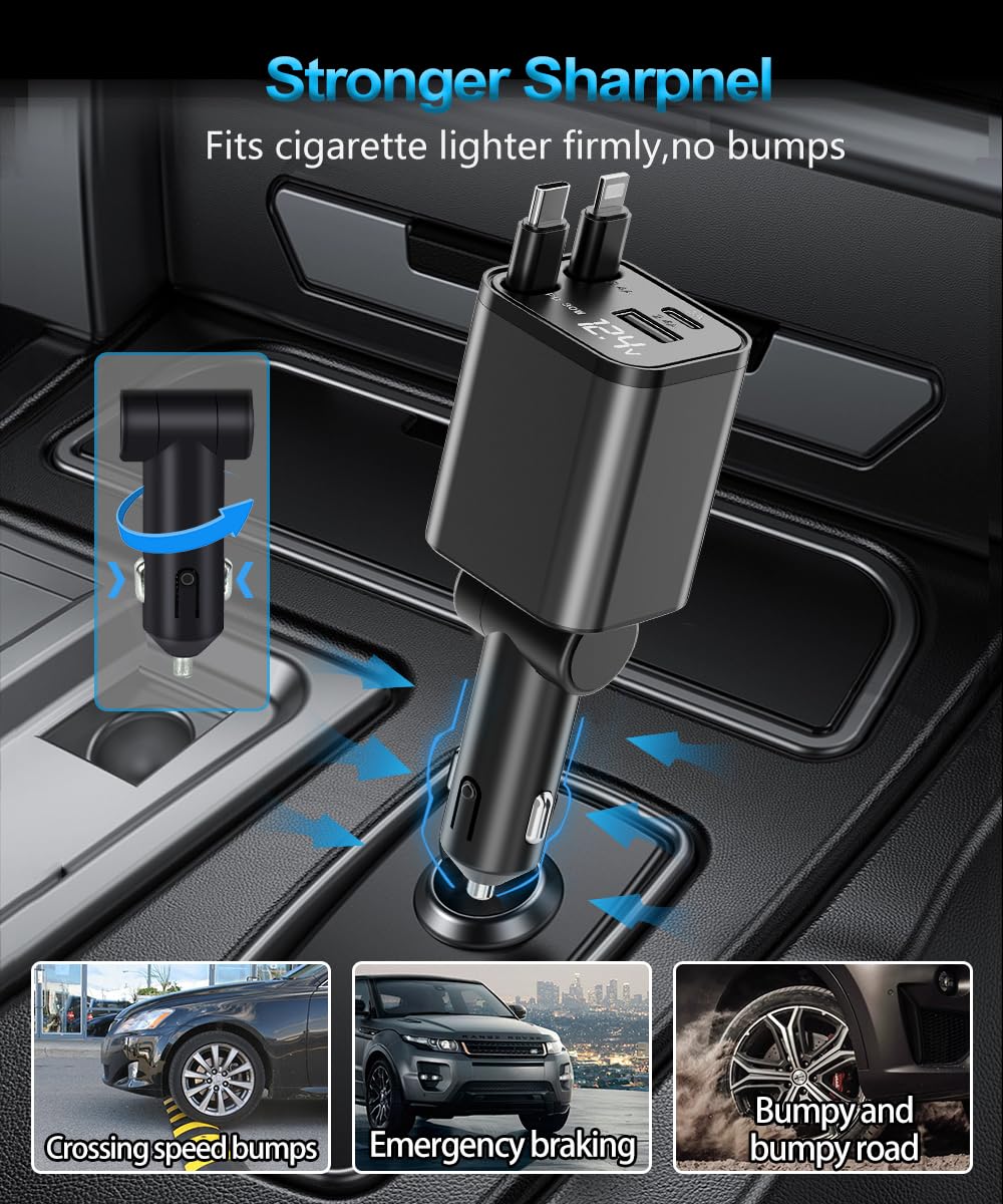 Cargador de coche retráctil 4 en 1, cargadores de coche de carga súper rápida, con 2 cables retráctiles y 2 puertos UBS, adaptador de coche para iPhone 16/15/14/13/12 Series y para Android
