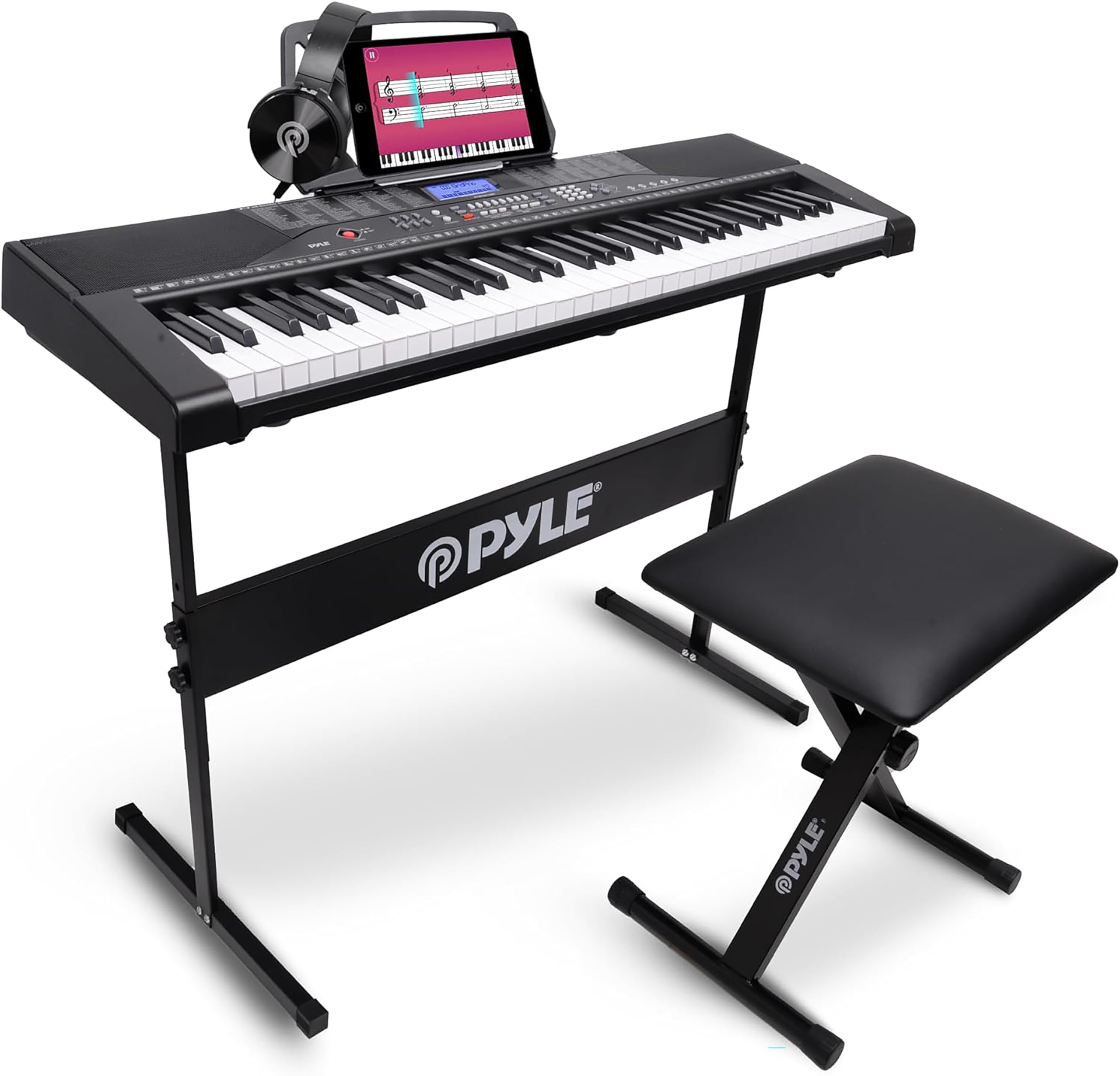 Pyle Keyboard Piano, 61 Tasten- E Piano für Anfänger, Inkl. Klavier Ständer, Hocker, Kopfhörer, Notenablage, LCD- Display, Tragbares Design, Perfekt um Keyboard zu lernen