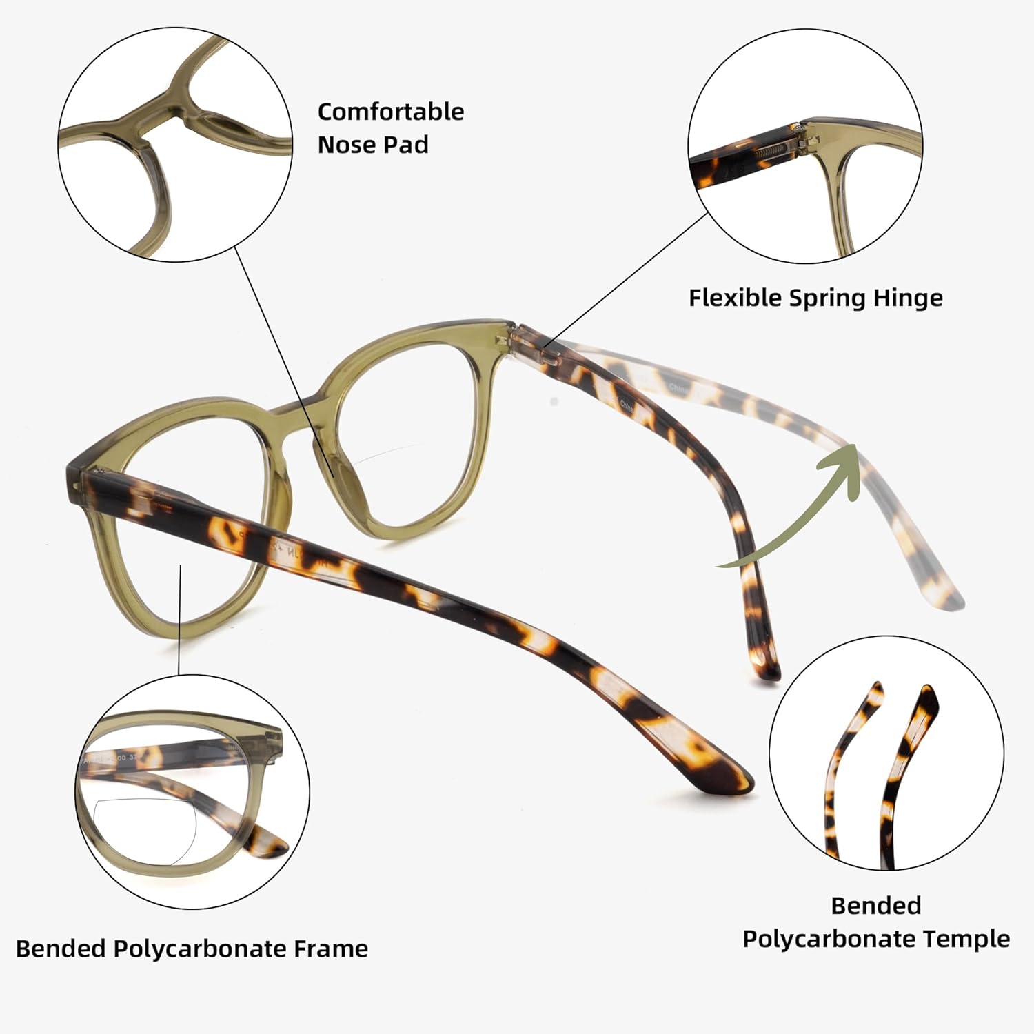 HIYANJN 3 Pack Bifocal Reading Glasses for Women Fashion Black/Tortoise/Green Colorful Round Frame Readers With Spring Hinger - Image 4