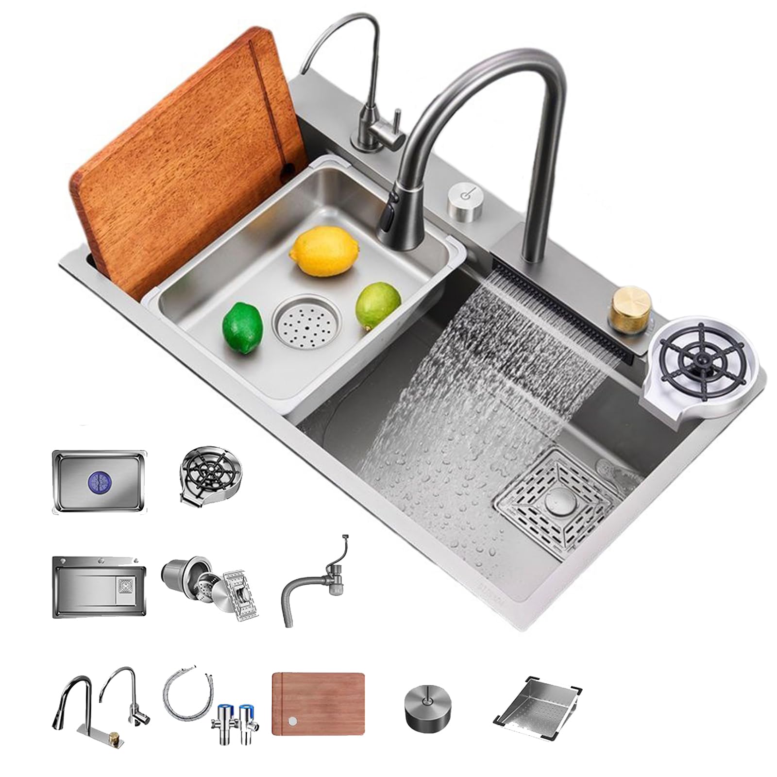 Évier de cuisine moderne inox 68x45cm avec cuve unique profonde et robinetterie cascade intégrée