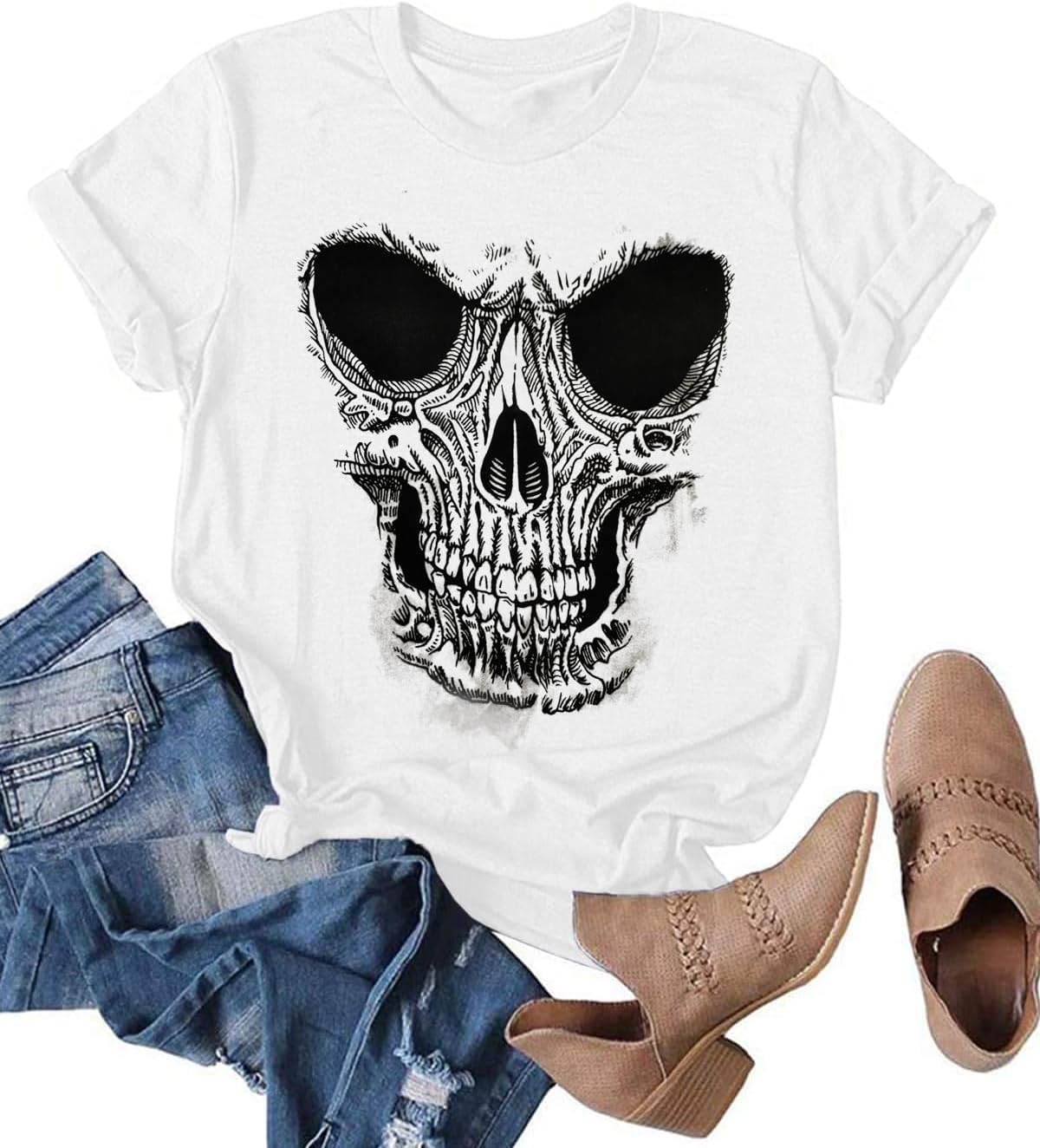 Skull Shirt for Women Vintage Skeleton Graphic Tees Goth Punk Rock T Shirts Novelty Horror Halloween Tee Tops - Image 2