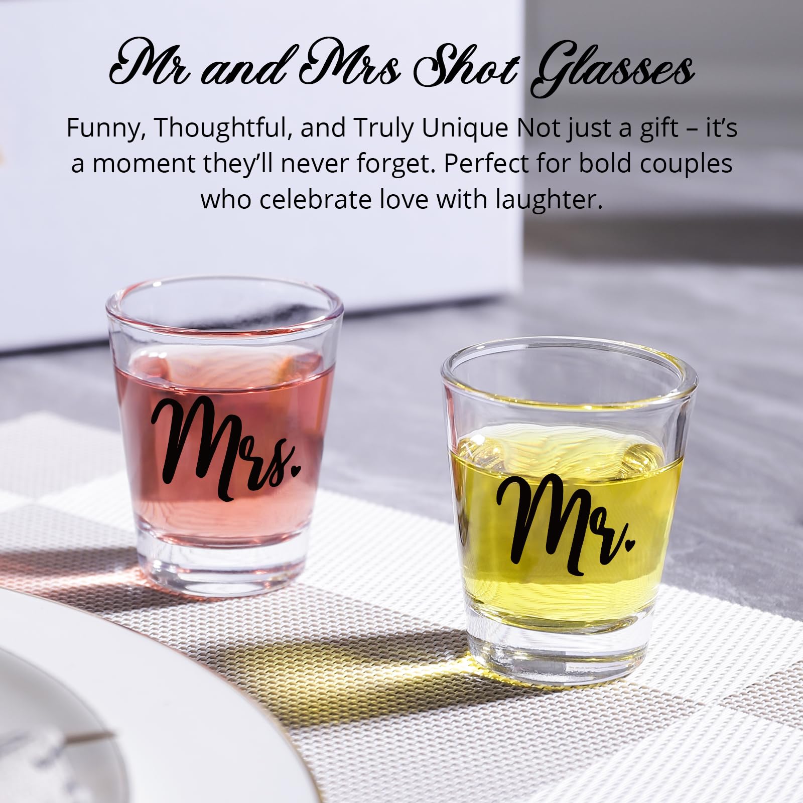 Funny Engagement Gift Set - Ring Finger Wine & Whiskey Glasses With Mr & Mrs Ornament In Vintage Wood Box