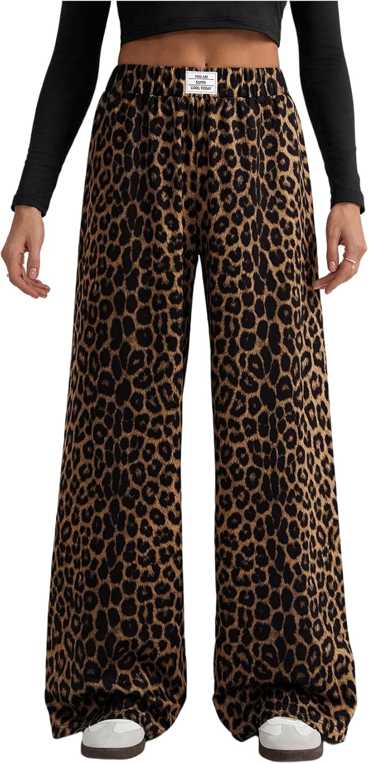 GORGLITTER Women's Leopard Pants Cheetah Print Wide Leg Elastic High Waisted Baggy Sweatpants