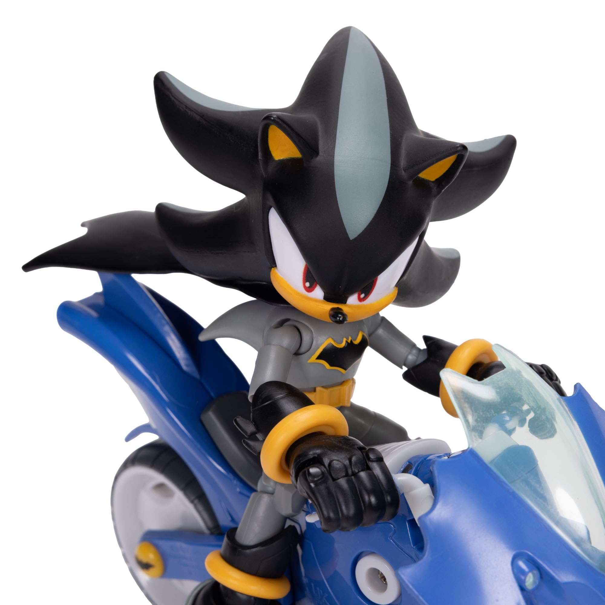 Coffret Figurine articulée DC x Sonic Shadow en Batman et Batcycle, Jakks Pacific, Comprenant Une Figurine Shadow de 12,7cm & Un véhicule interactif avec Roues Mobiles et béquille Fonctionnelle.