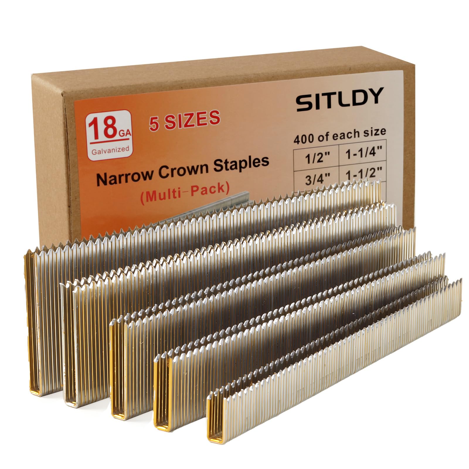 SITLDY 2000-Count 18 Gauge 1/4 Inch Narrow Crown Staples (1/2"+3/4"+1"+1-1/4"+1-1/2"), 400 per Size, Heavy Duty Beveled Chiseled Pointed Galvanized,