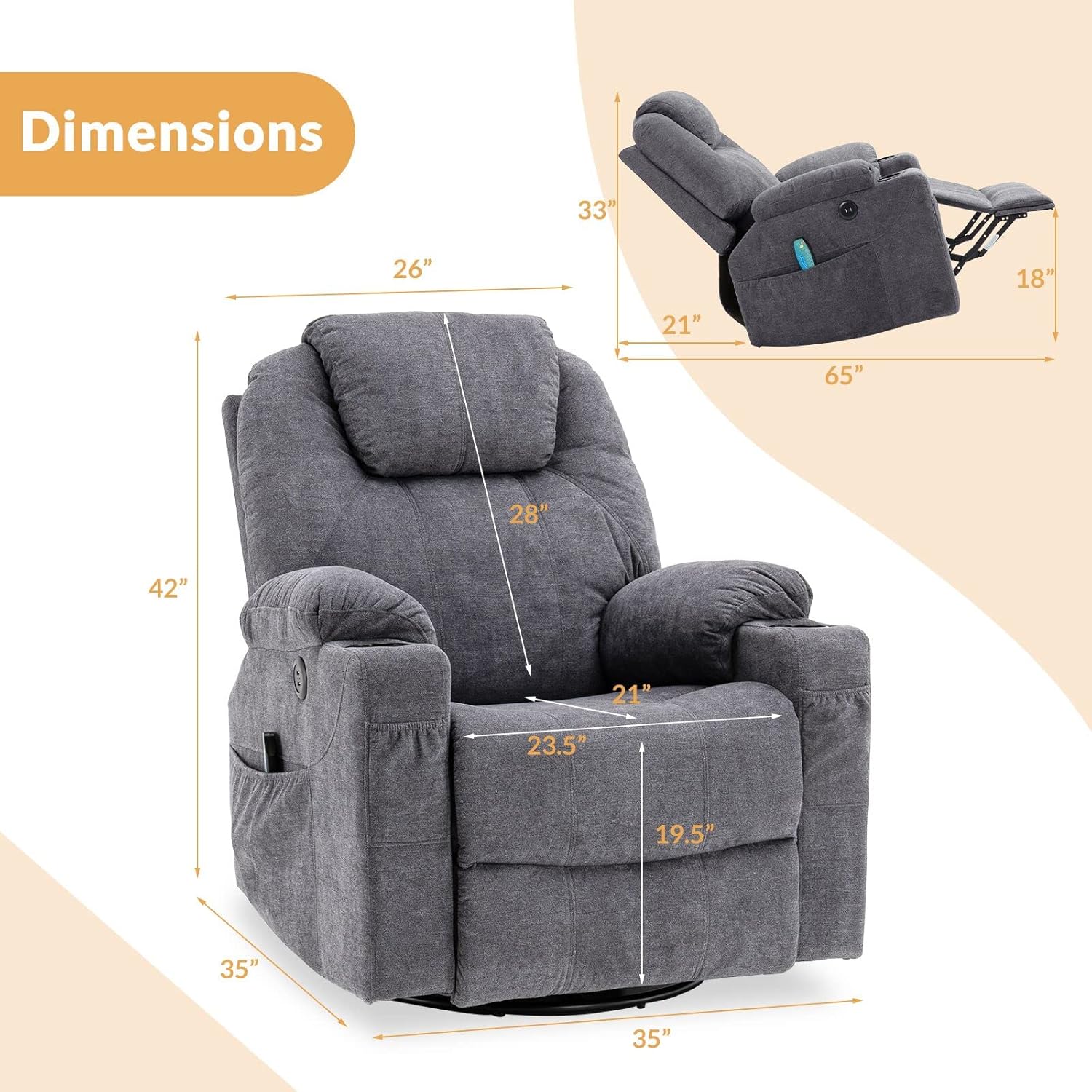 Swivel Rocker Recliner Chair - Manual Glider Rocking Recliner with Heated Massage Ergonomic Lounge Chair with 4 Pockets/Cup Holders/USB Ports/Remote Control (Gray)