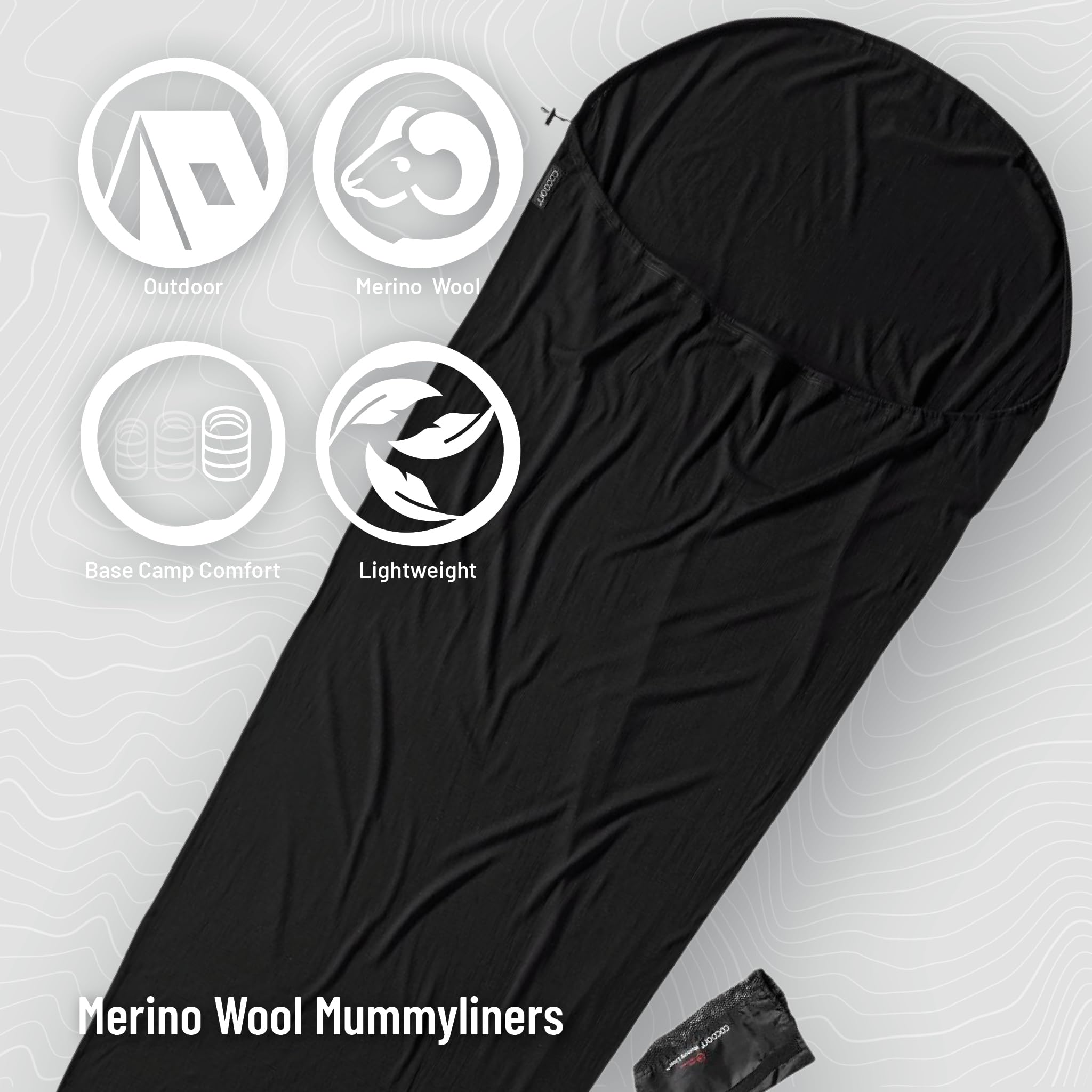 Cocoon Merinoschlafsack Mummy Liner - Merinowolle, Schwarz