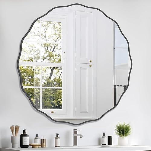 Miniatura 20 de Espejo redondo ondulado con acabado blanco envejecido para pared decorativo de 28 pulgadas, moderno espejo circular ondulado para baño, dormitorio