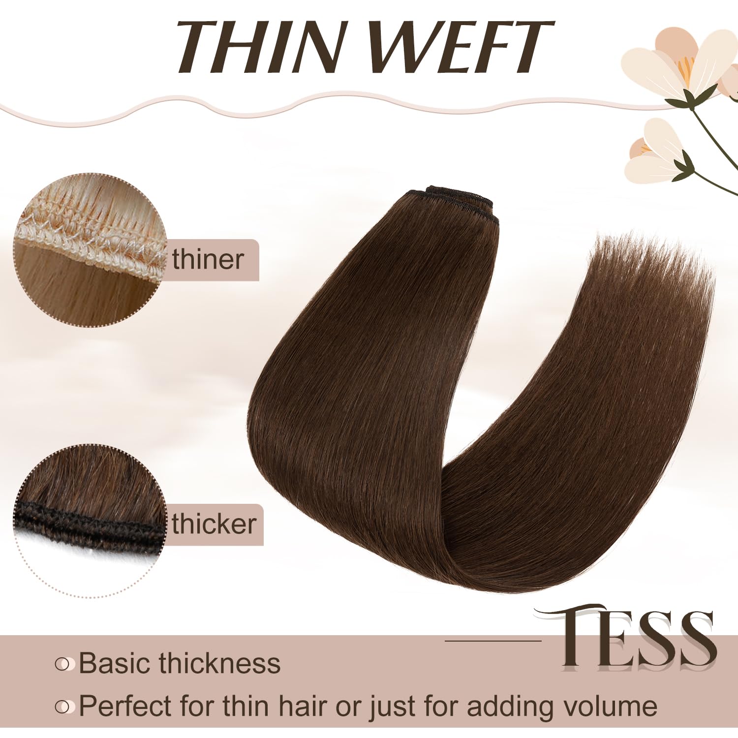 TESS Clip in Hair Extensions Real Human Hair Brown Remy Seamless 8 Pieces Straight Long for Women/Girls (#04 Medium Brown, 24 Inch 80g) - Image 4