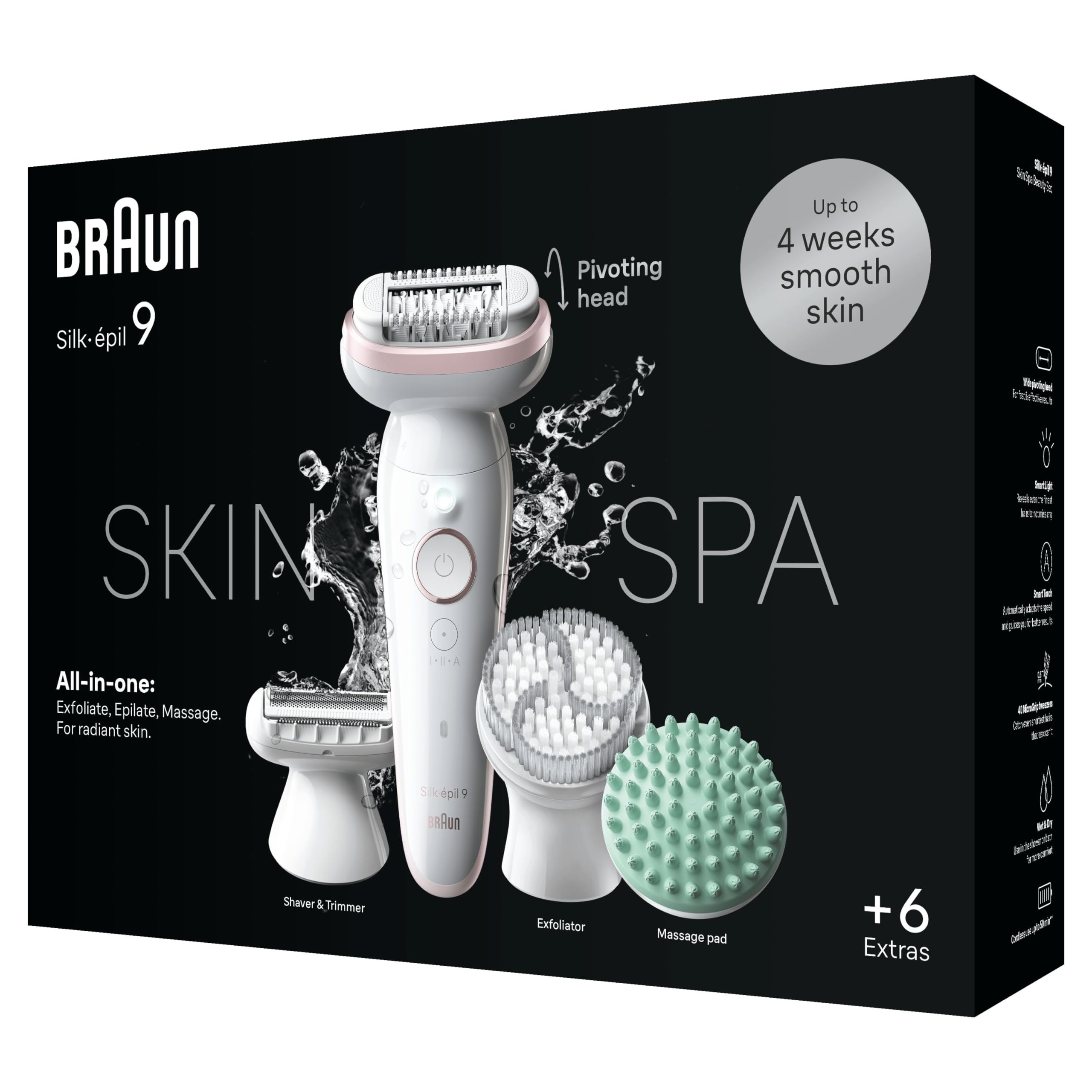 Braun Silk Epil 9 SkinSpa Epilatore Elettrico Donna, Rasoio Elettrico Donna, Con Testina Flessibile Per Una Epilazione Semplice, Wet & Dry, Pelle Liscia a Lungo, Kit Tutto-In-Uno, 9-080, Bianco/Rosa