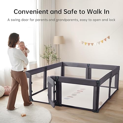 Miniatura 4 de Corralito para bebés con puerta, corralito plegable ajustable para bebés y niños pequeños, valla de seguridad para patio de juegos extra resistente,