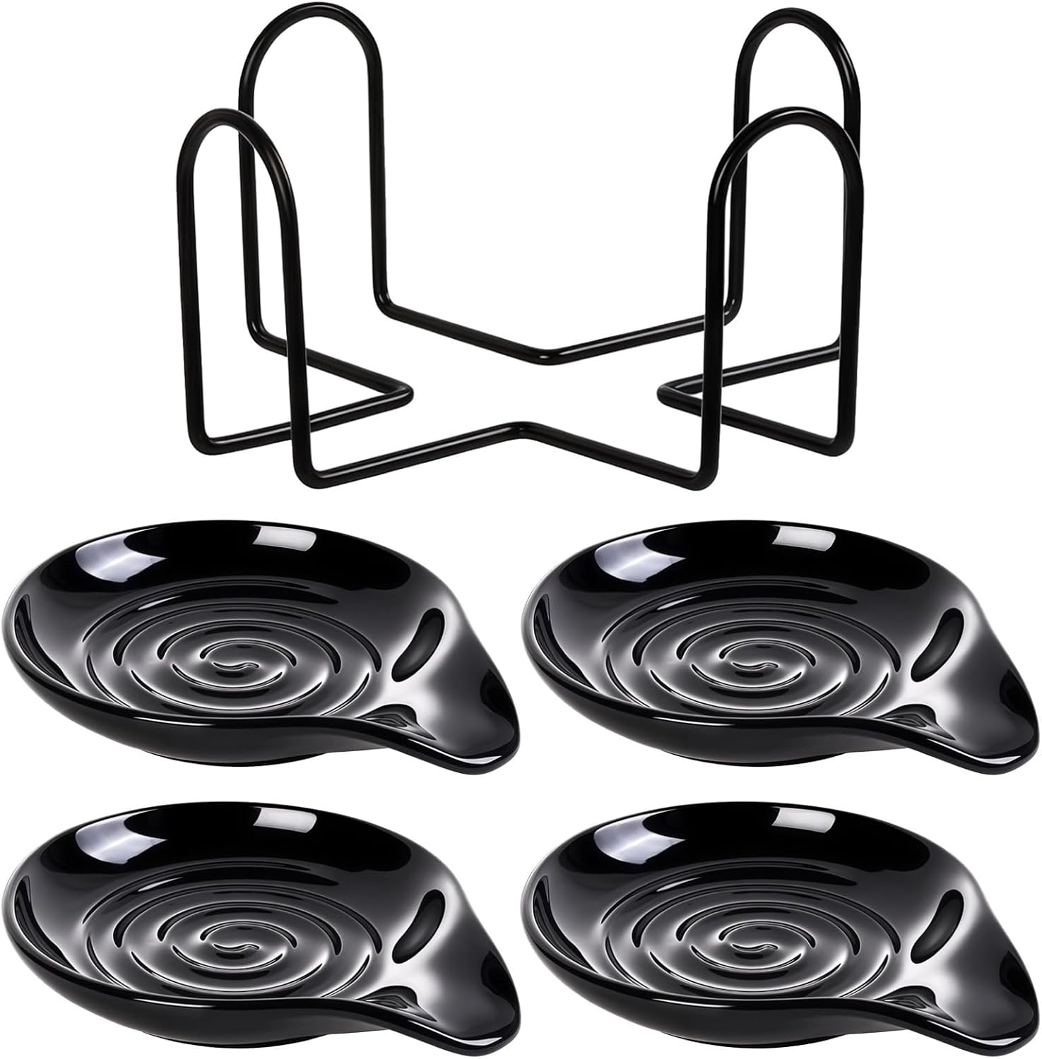 Generic Black Spoon Rests, Ceramic, 4 Pieces, Metal Rack, Kitchen Accessory
