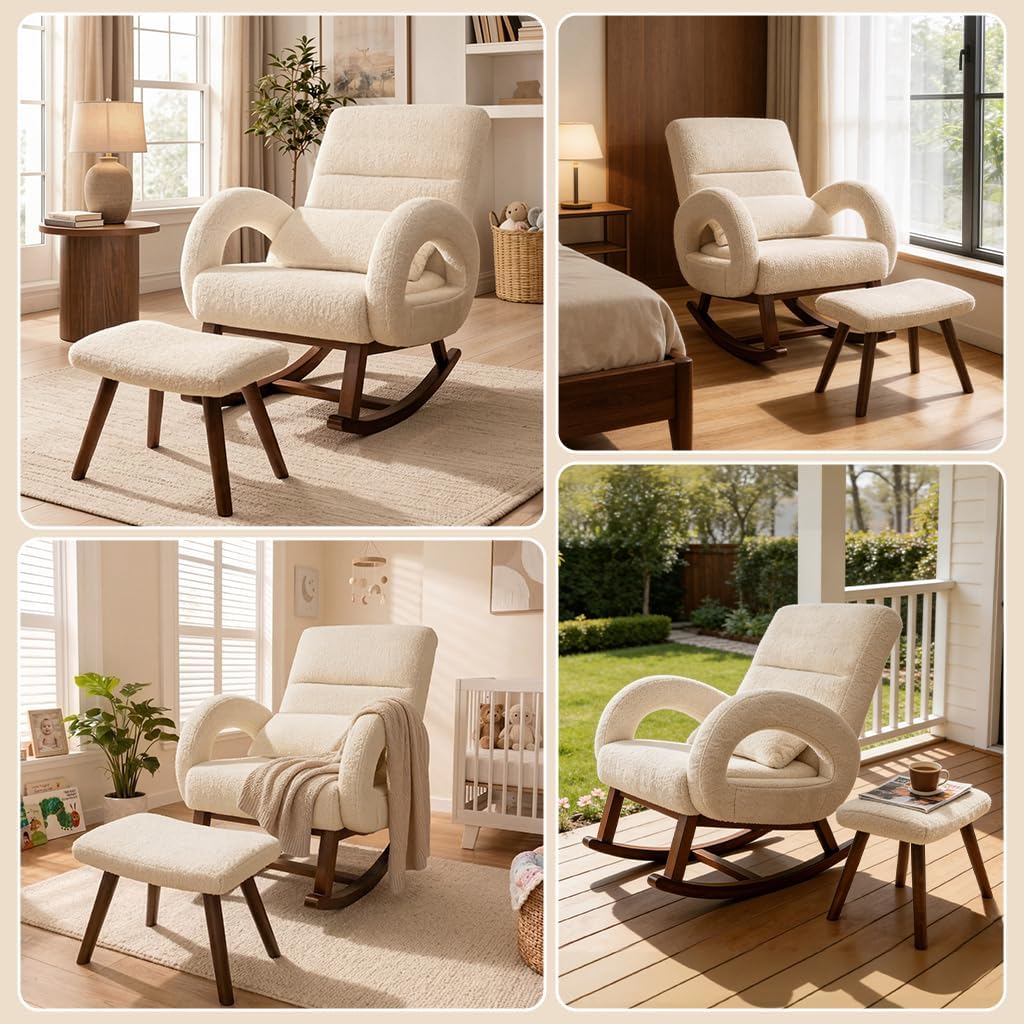 COMHOMA Rocking Chair Nursery with Ottoman,Boucle Teddy Fabric Glider Rocker with High Backrest&Lumber Pillow,Modern Upholstered Accent Armchair with Solid Wood Legs (Beige, Boucle)